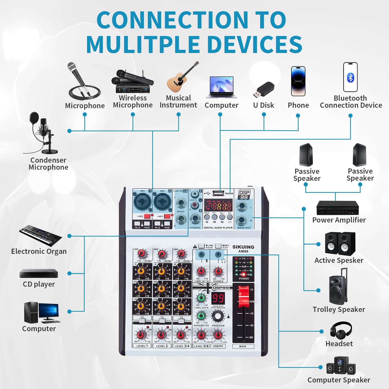 SIKUING 6 Channel Audio Mixer Professional Sound Board Console w/99 DSP Effects 48V Phantom Power Bluetooth USB Interface Stereo