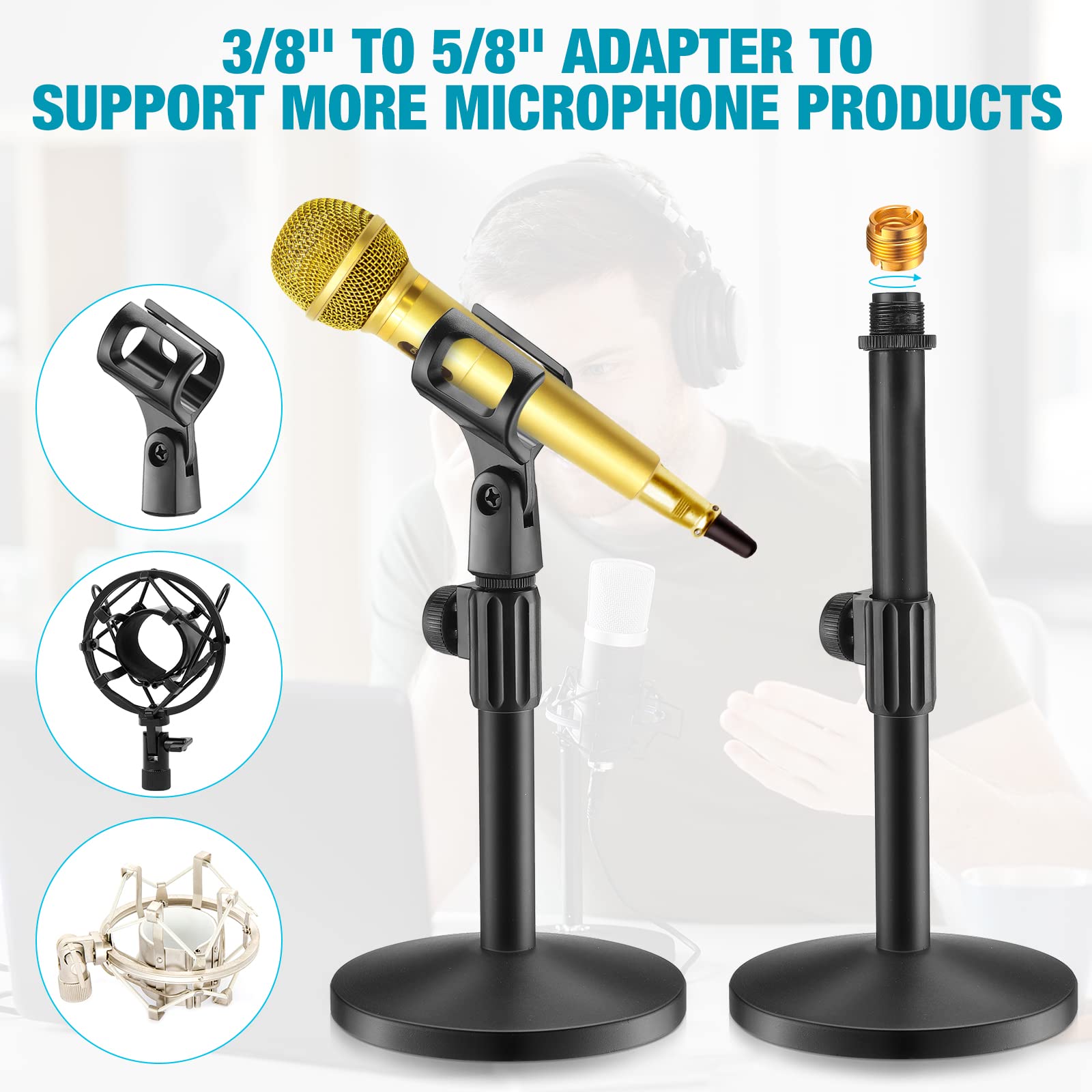 Hoteam 2 Pcs Desktop Microphone Stand Adjustable Table Mic Stand Mic Clip Mic Stand Desk with 5/8'' Male to 3/8'' Female Screw M