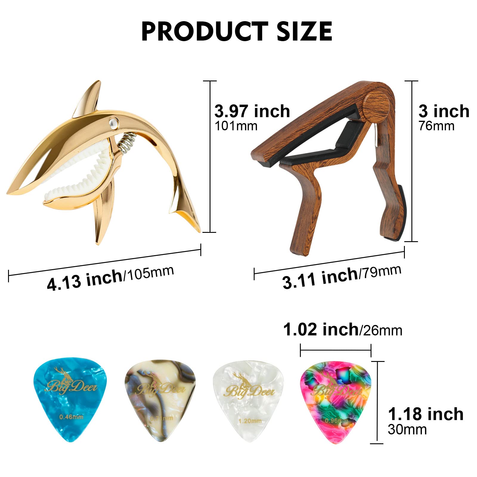 BigDeer Guitar Capo for Acoustic and Electric Guitars - One Rosewood Plus One Alloy Shark Capo (Gold) for both acoustic and elec