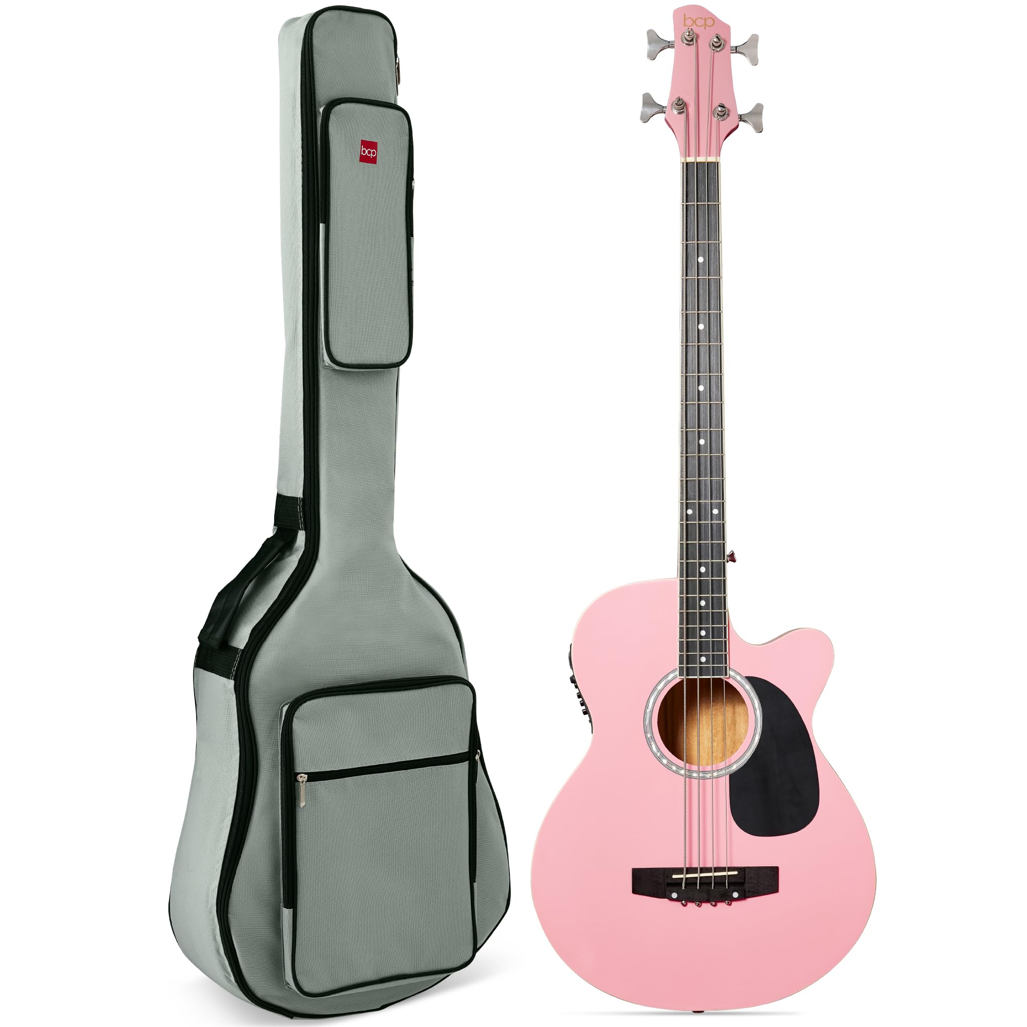 Best Choice Products Acoustic Electric Bass Guitar, Full Size 4 String, Fretted Bass Guitar W/Padded Gig Bag - Pink