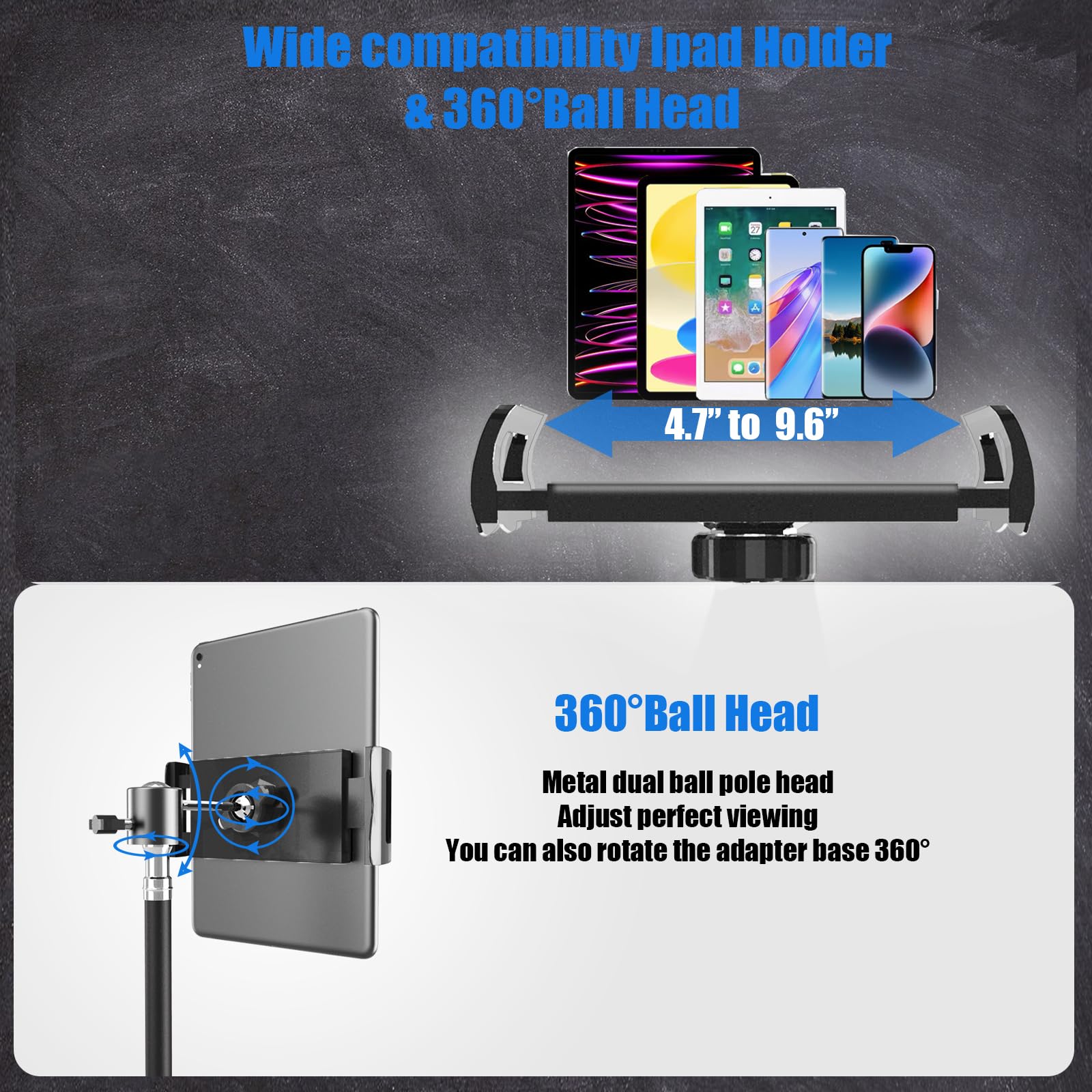 Kereal Microphone Stand Floor Boom Mic Stand with 360 Ball Head Tablet Holder, Two Mic Clips for Singing, Portable Mic stands Ad