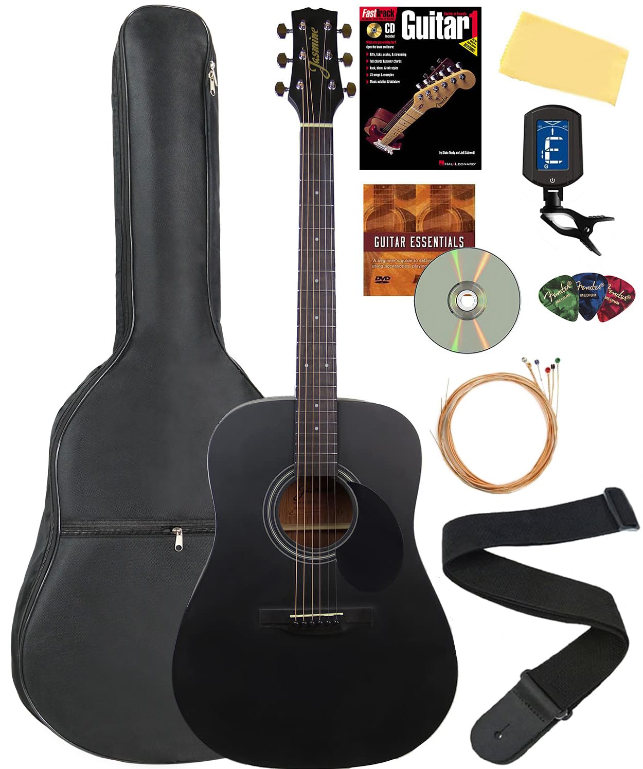 Jasmine S35 Dreadnought Acoustic Guitar - Matte Black Bundle With Gig Bag, Strings, Tuner, Strap, Picks, Instructional Book, Aus