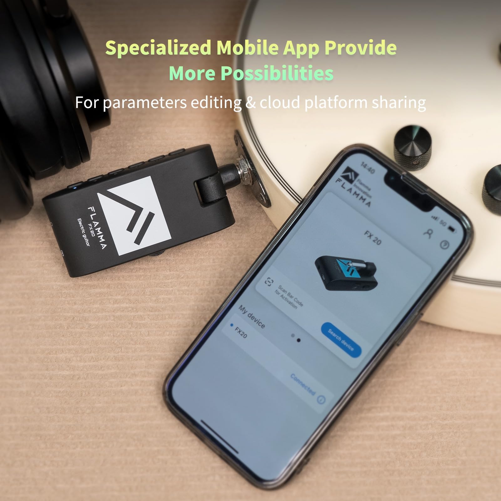 FLAMMA FX20 Guitar Headphone Amp with APP 40 Drum Grooves 52 Amp Modes 5 Delay 5 Reverb Effects 14 Modulations for Practice Reco