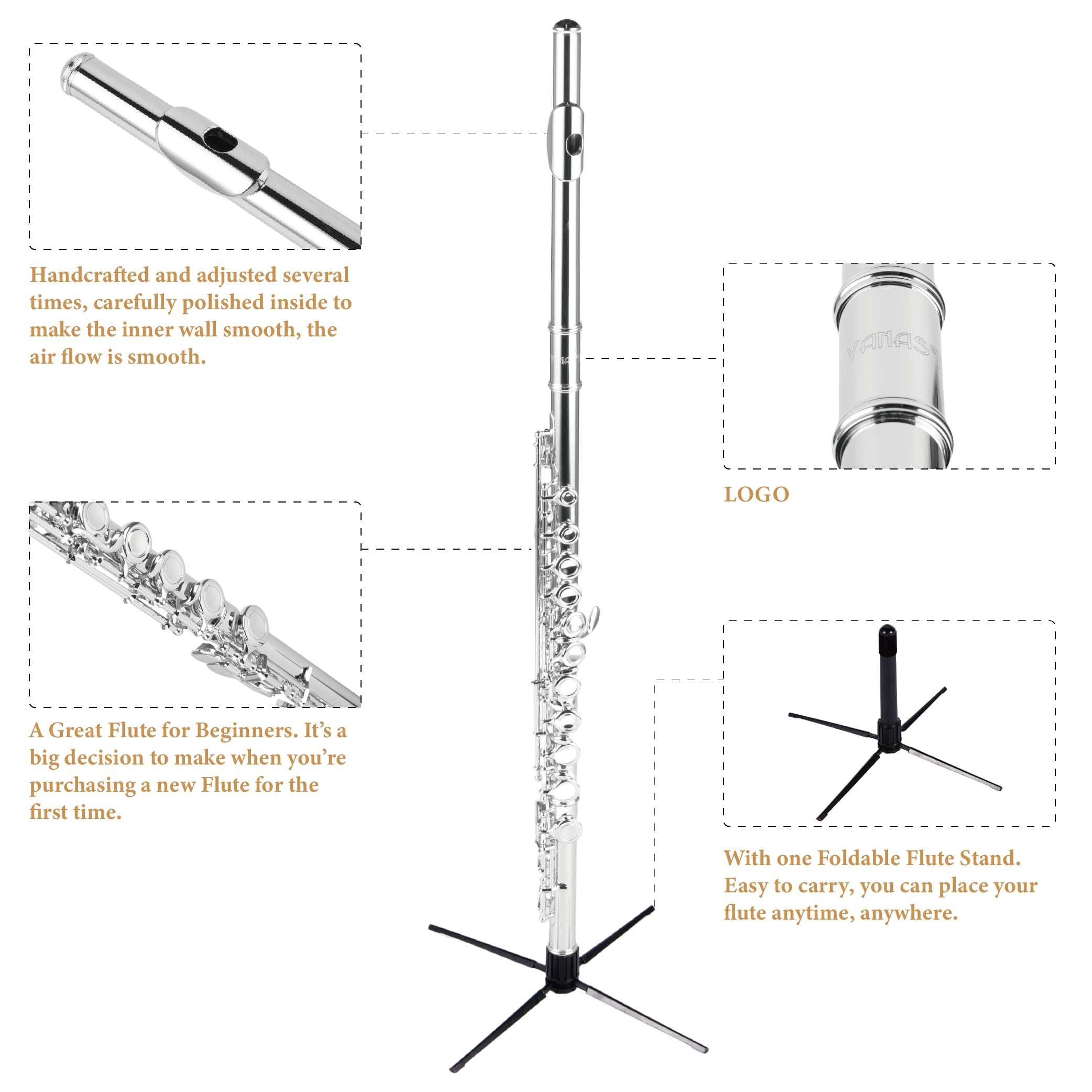 YANASON Student C Flute 16 Closed Hole C Flute with Carrying Case Stand Gloves Cleaning Cloth and More