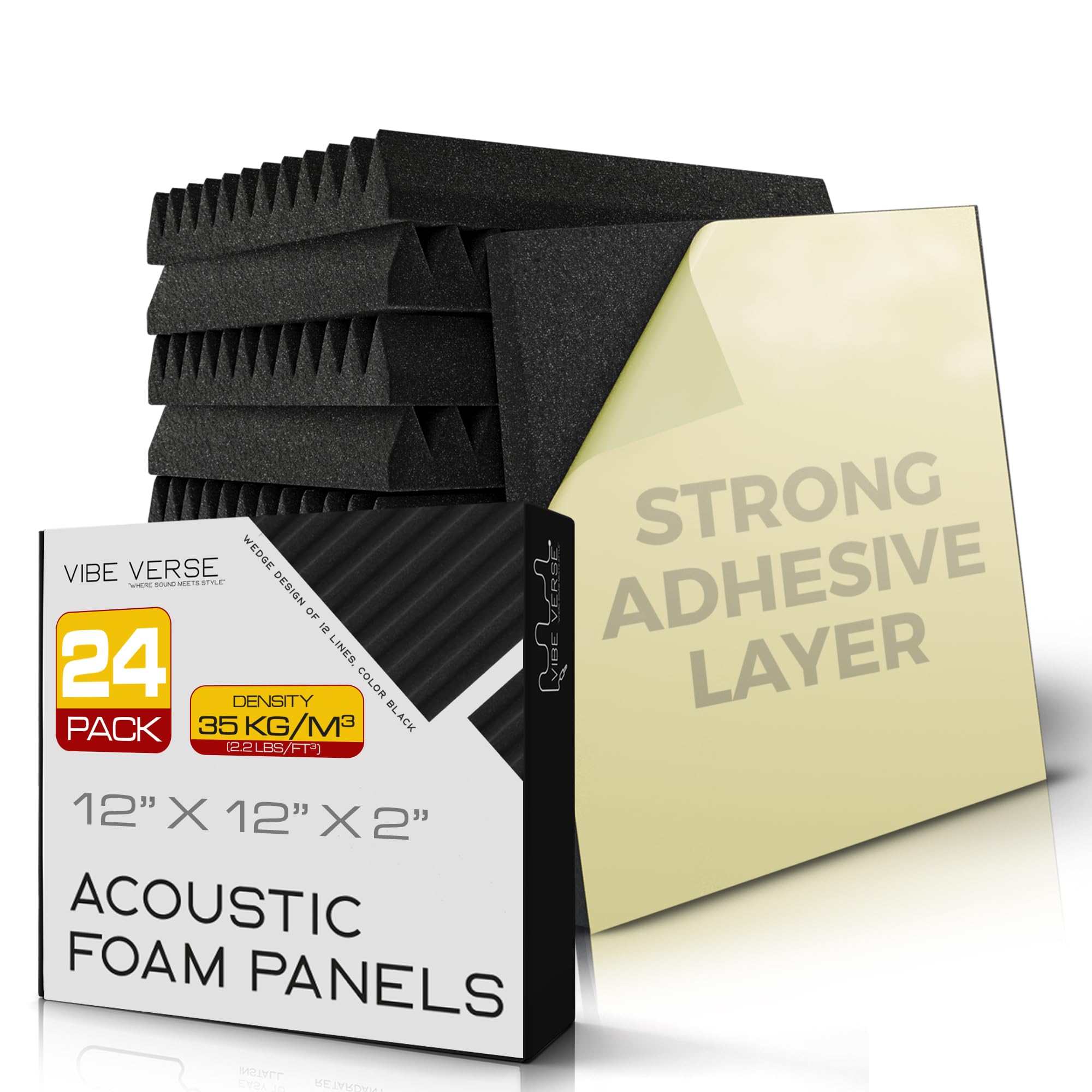 Vibeverse - 24 Pack Self Adhesive Acoustic Foam Sound Absorption Panels, 12'' X 12'' X 2'', Black Wedge Of 12 Lines Design, 35 K