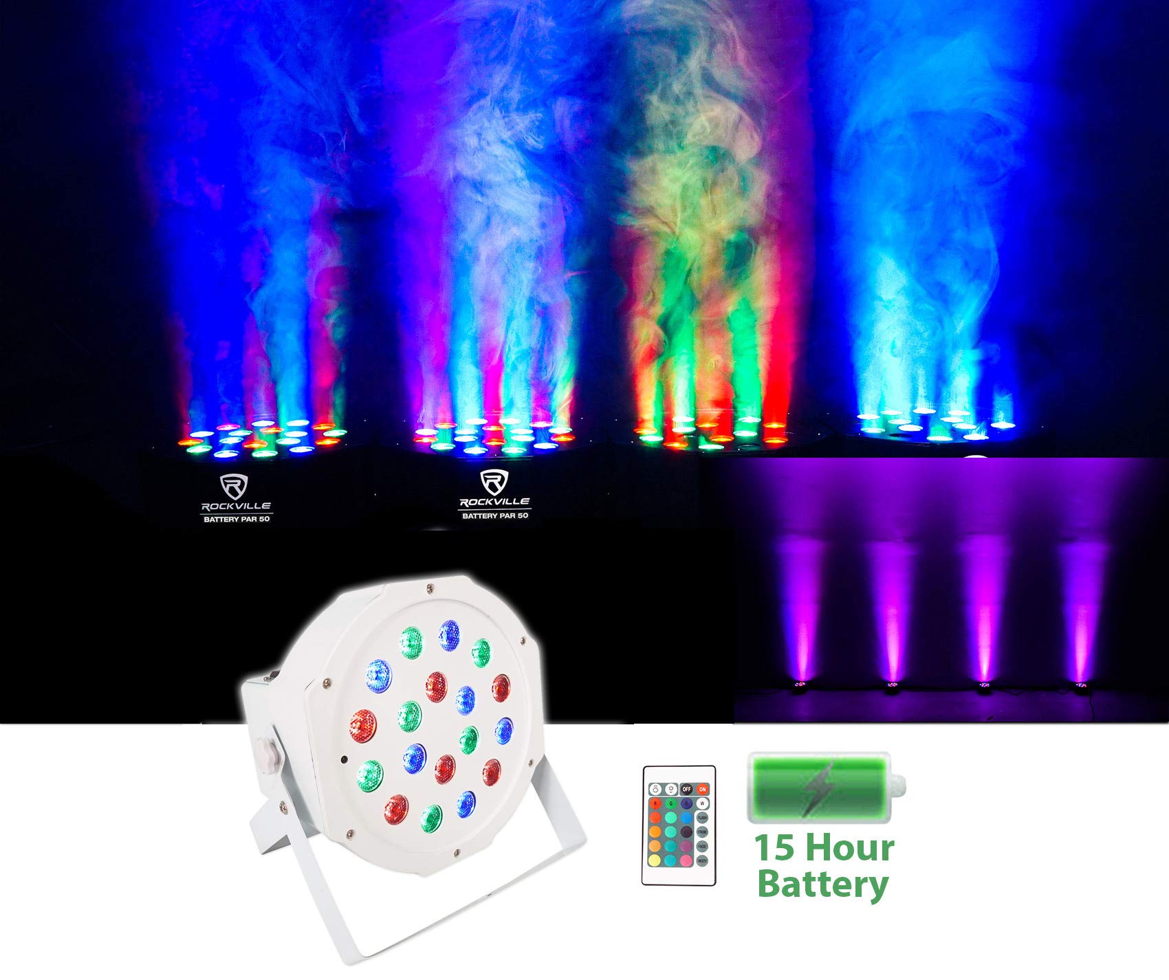 (4) Rockville Battery PAR 50 White Rechargeable LED DMX DJ Wash Up-Lights+Bag