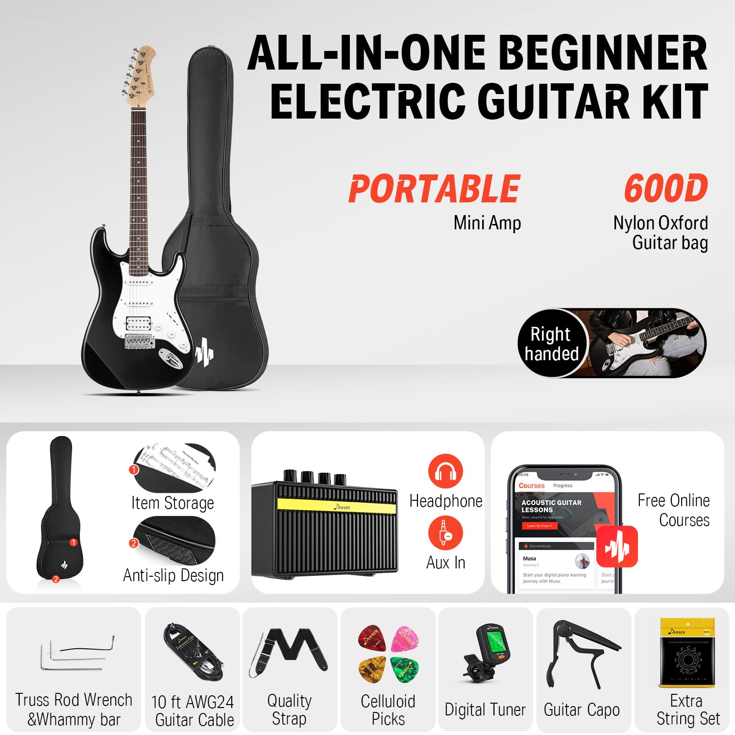 Donner DST-100B 39 Inch Electric Guitar Beginner Kit Solid Body Full Size Black HSS for Starter, with Amplifier, Bag, Digital Tu