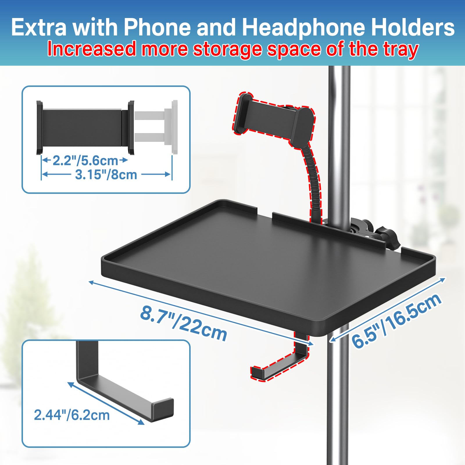 Universal Microphone Stand Tray with Phone Holder, Adjustable Mic Stand Tray Shelf Clamp On Utility Shelf - 8.7'' x 6.5'' Music