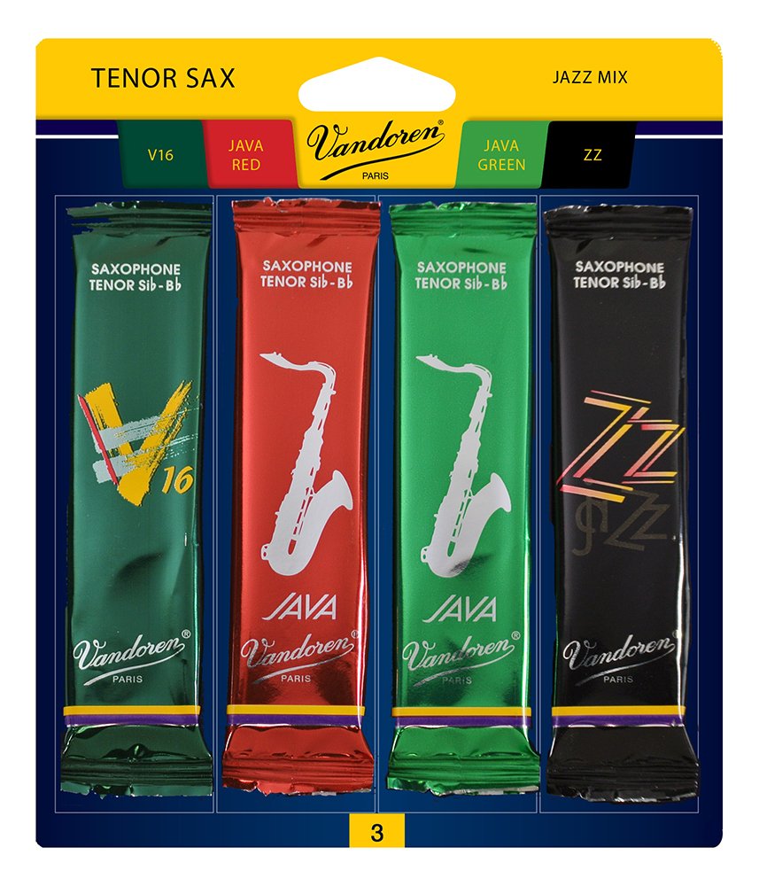 Vandoren SRMIXT3 Tenor Sax Jazz Reed Mix card includes 1 each ZZ, V16, JAVA and JAVA Red Strength 3