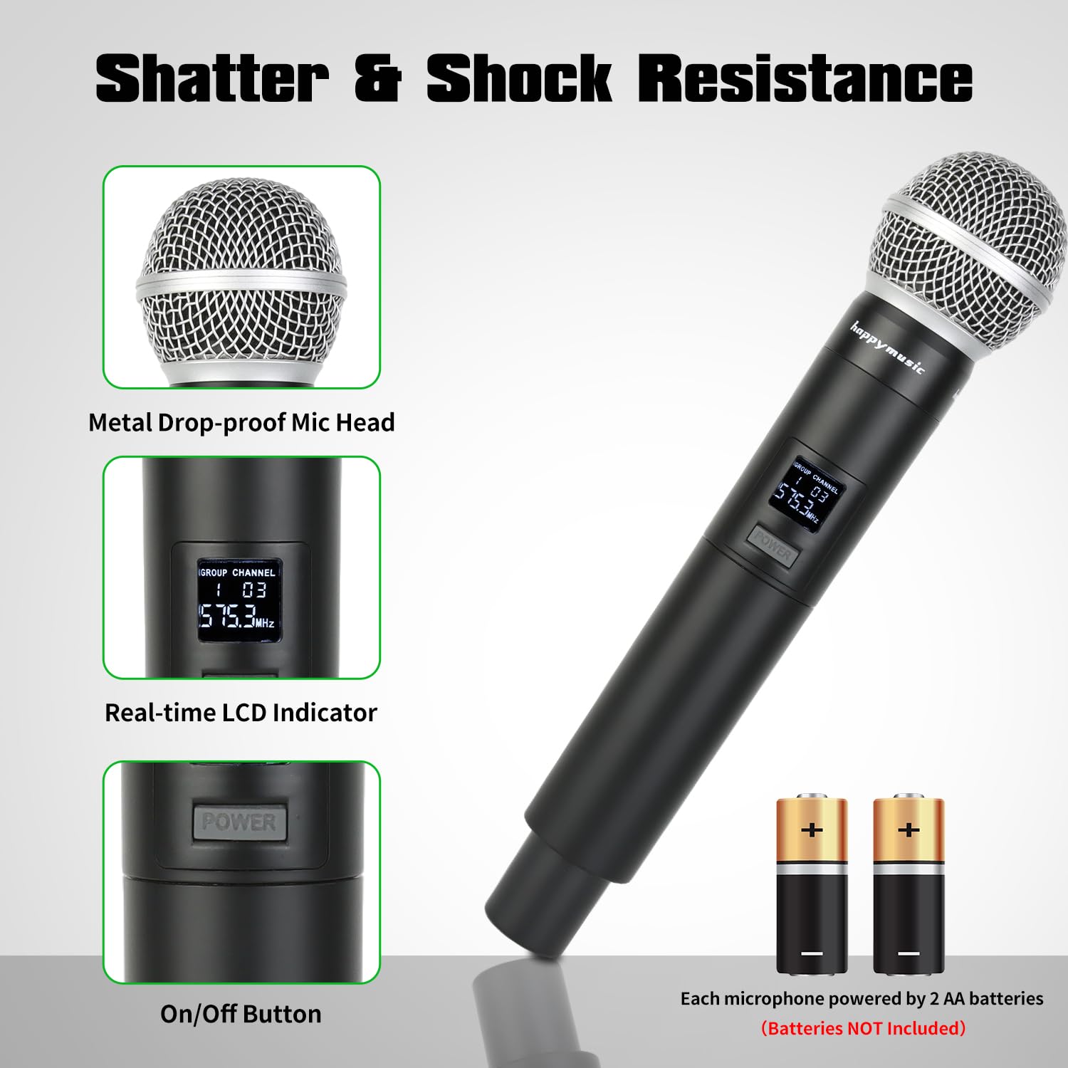 happymusic Professional UHF 2 Channel Wireless Microphone System, Cordless Handheld Mic Set, 150ft Range Perfect for DJ, Church,