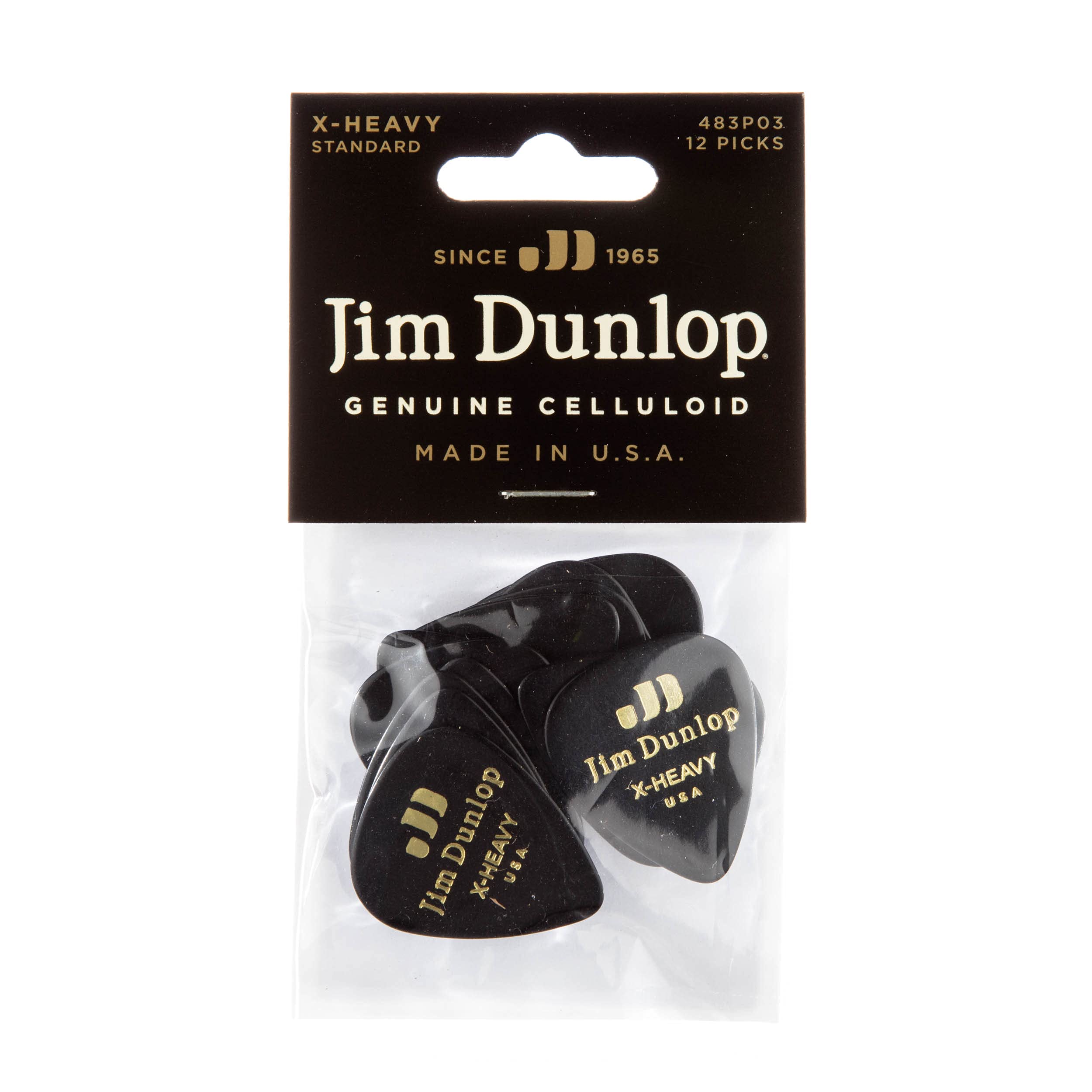 JIM JIM DUNLOP 483P03XH Genuine Celluloid, Black, Extra Heavy, 12/Player's Pack