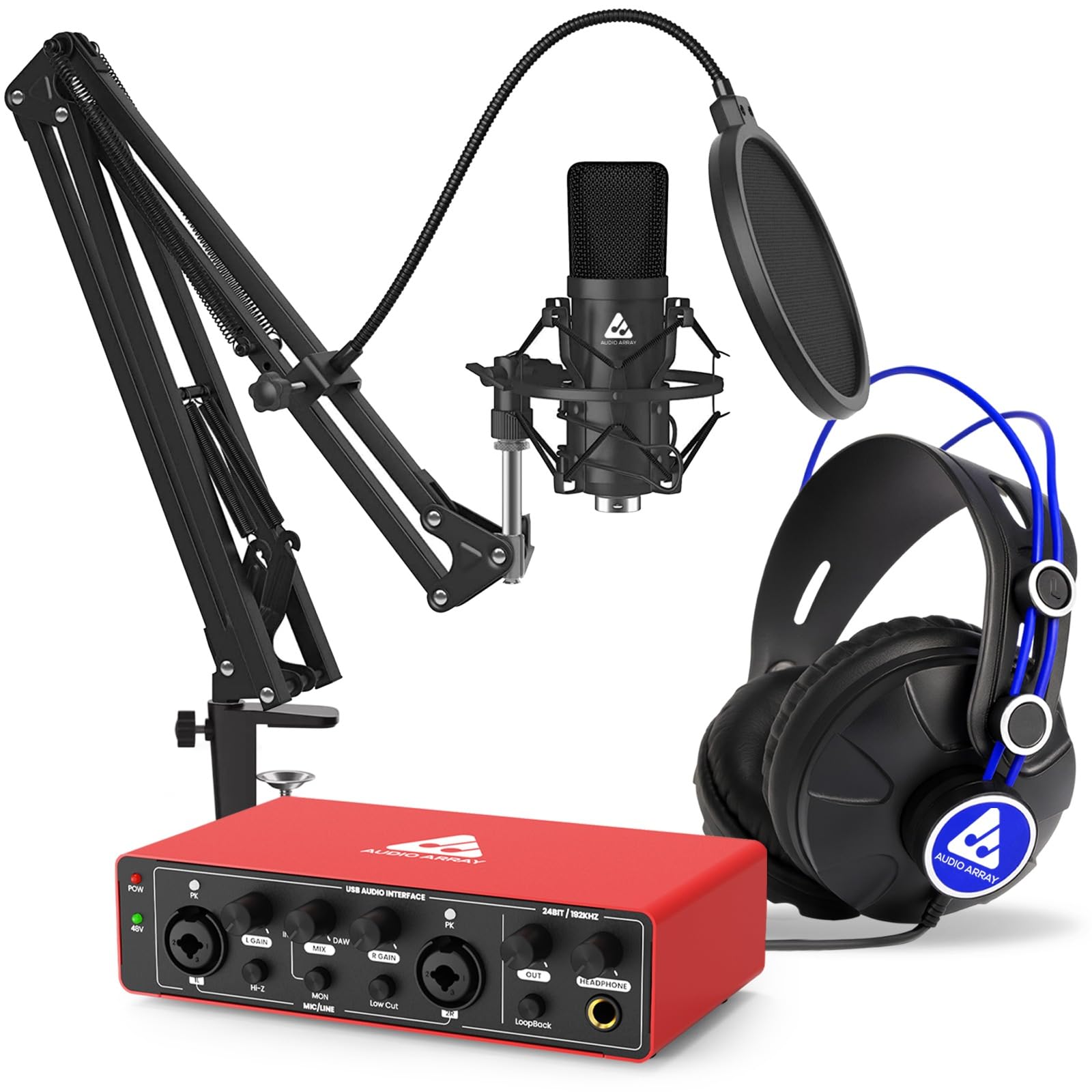 Audio Array Professional Studio Recording Bundle  Condenser Microphone Kit, 2X2 Usb Audio Interface, Closed-Back Headphones, Boo