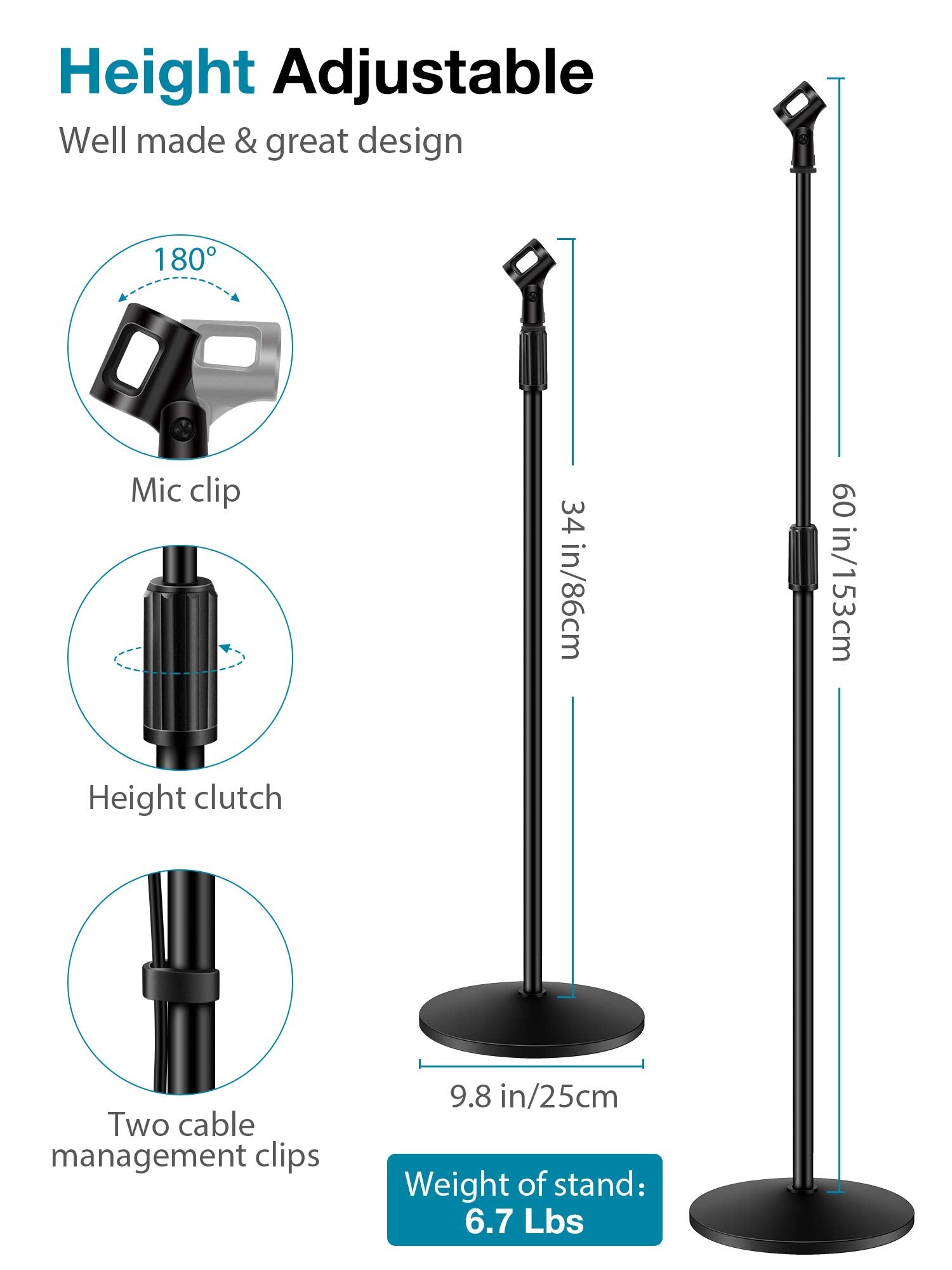 InnoGear Mic Stand, Microphone Stand Universal Boom Mic Stand Detachable Mic Stands with Weighted Round Base, Height Adjustable