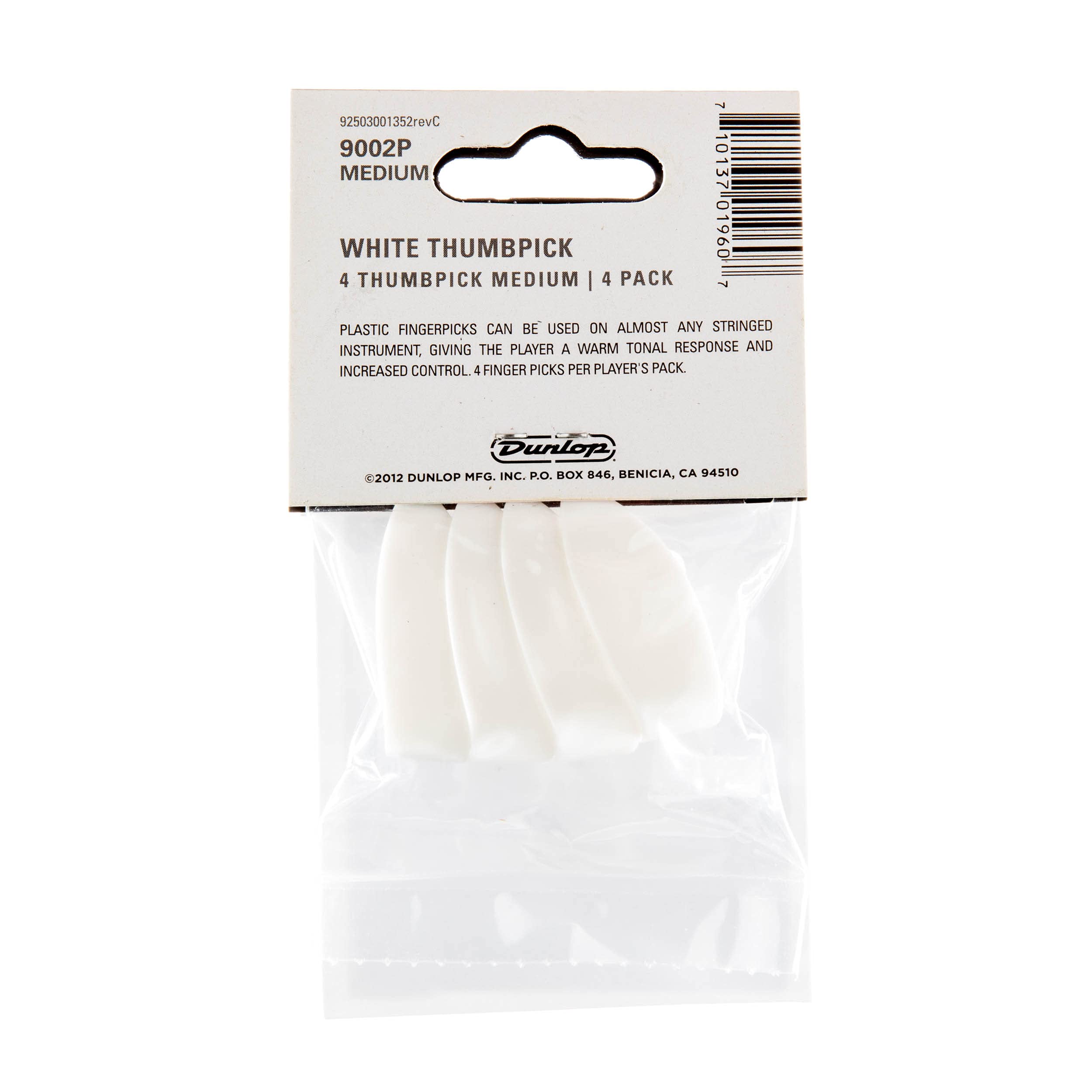 JIM DUNLOP 9002P White Plastic Thumbpicks, Medium, 4/Player's Pack