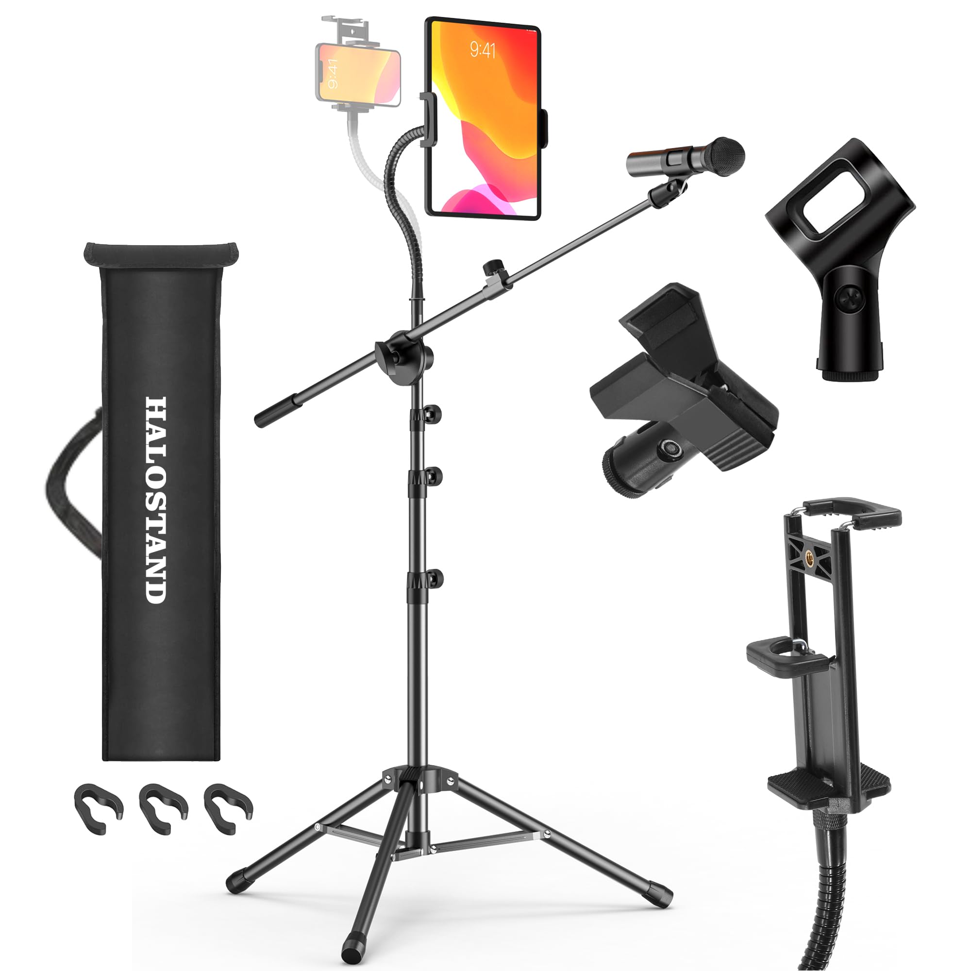 Microphone Stand, Floor Foldable Mic Stand with Phone Clip,Heavy Duty Tripod Boom Arm with 2 Mic Clips and Carrying Bag for Sing