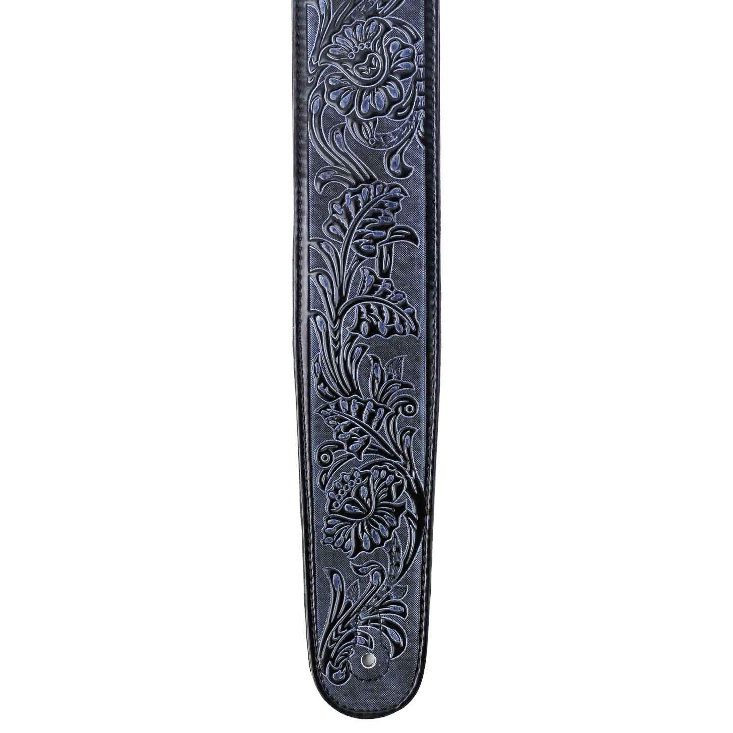 Walker & Williams DLX-282 Handmade Brushed Black Padded Guitar Strap with Embossed Tooling For Acoustic, Electric, And Bass Guit