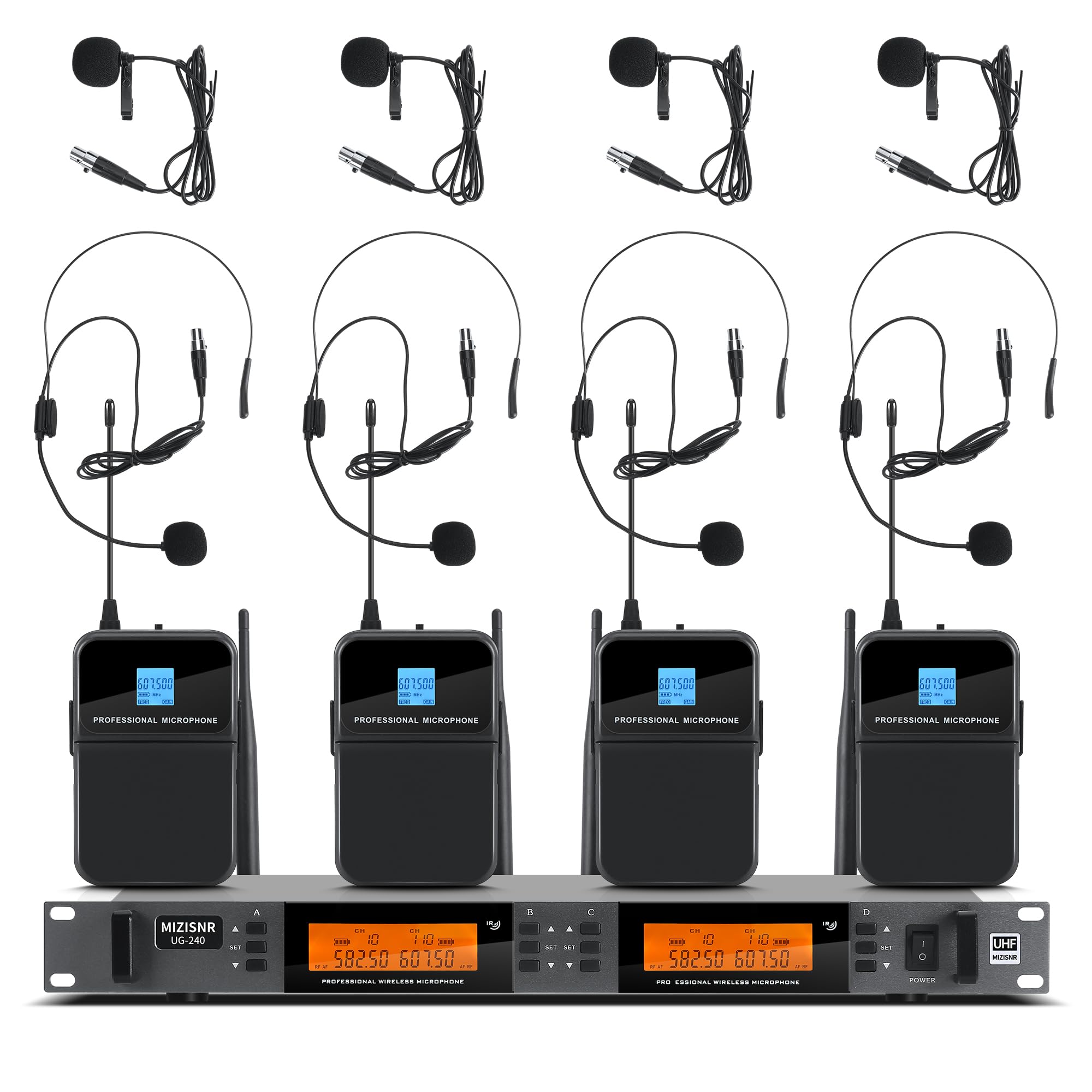 Mizisnr 4 Channel Wireless Lapel Microphone System, Uhf Metal Receiver Headset Lavalier Mics Set With 4X100 Adjustable Frequency