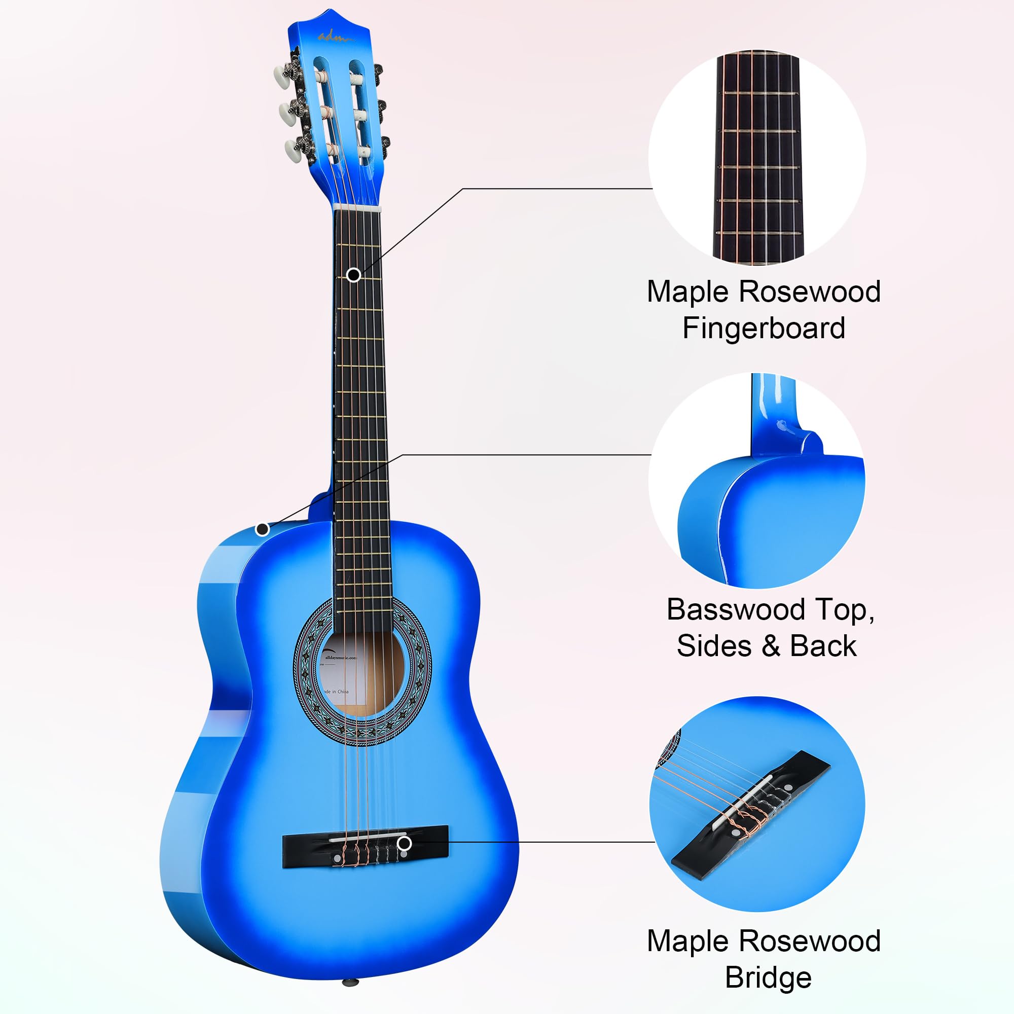 ADM Beginner Acoustic Classical Guitar 34 Inch Nylon Strings Wooden Guitar Bundle Kit for Kid Boy Girl Student Youth Guitarra On