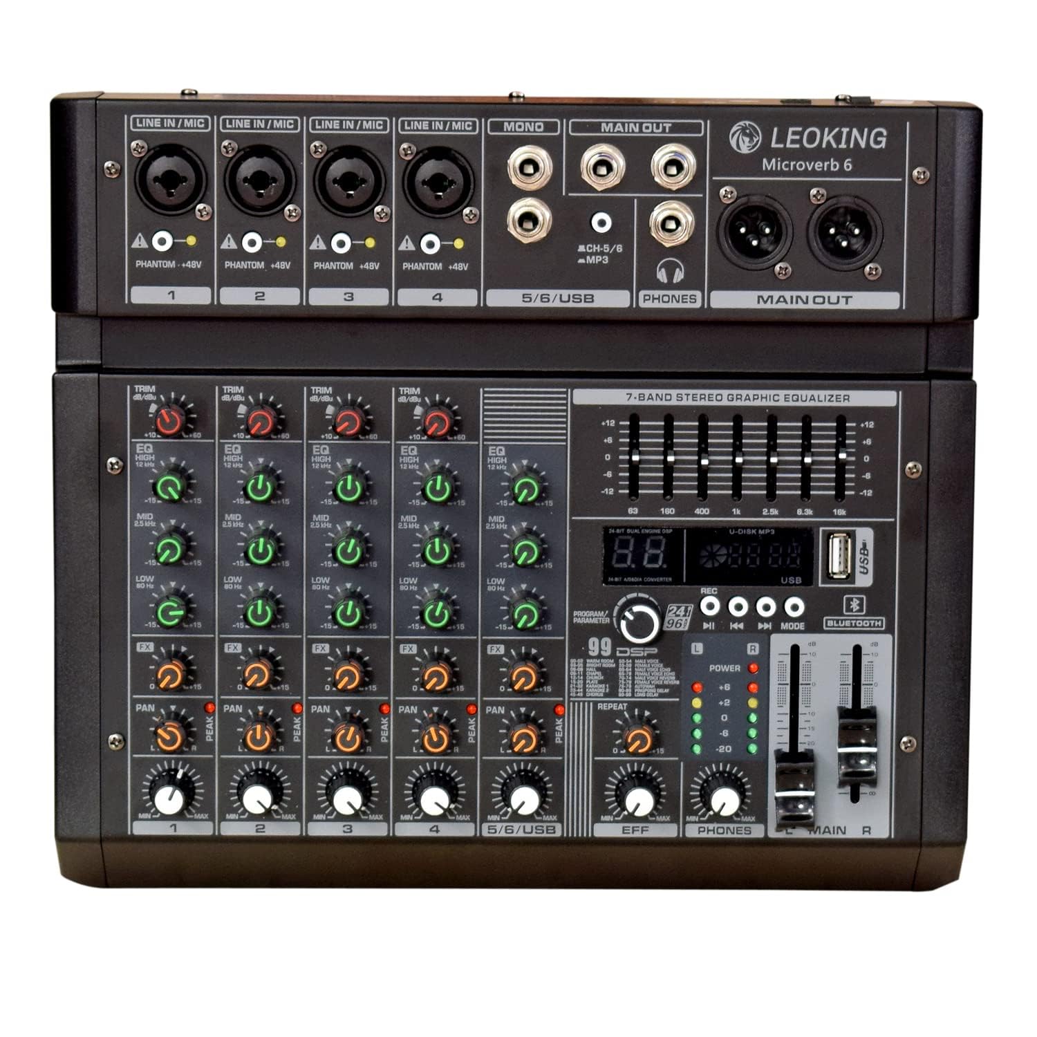 Kh 6 Channel Audio Mixer Professional Mixing Console 6 Channels (4 Mono Mic Line + 2 Stereo) 48V Phantom Power Each Channel, Blu