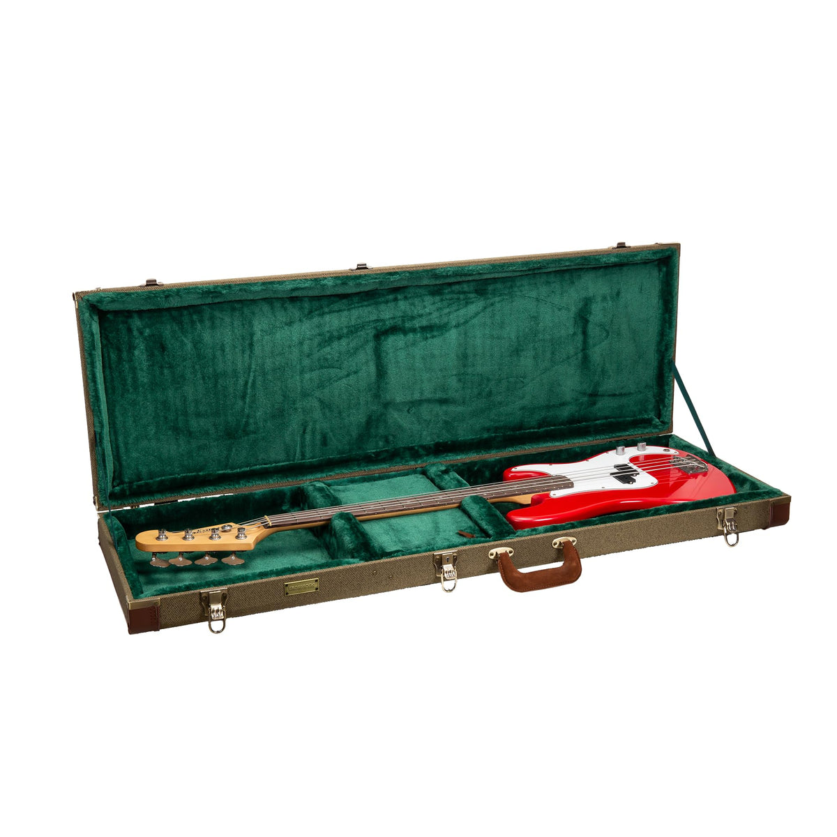 Crossrock Master Series Fender Precision & Jazz Bass Guitar Case | Olive Green Tweed Exterior, Re-Engineered Wooden Shell, Leath