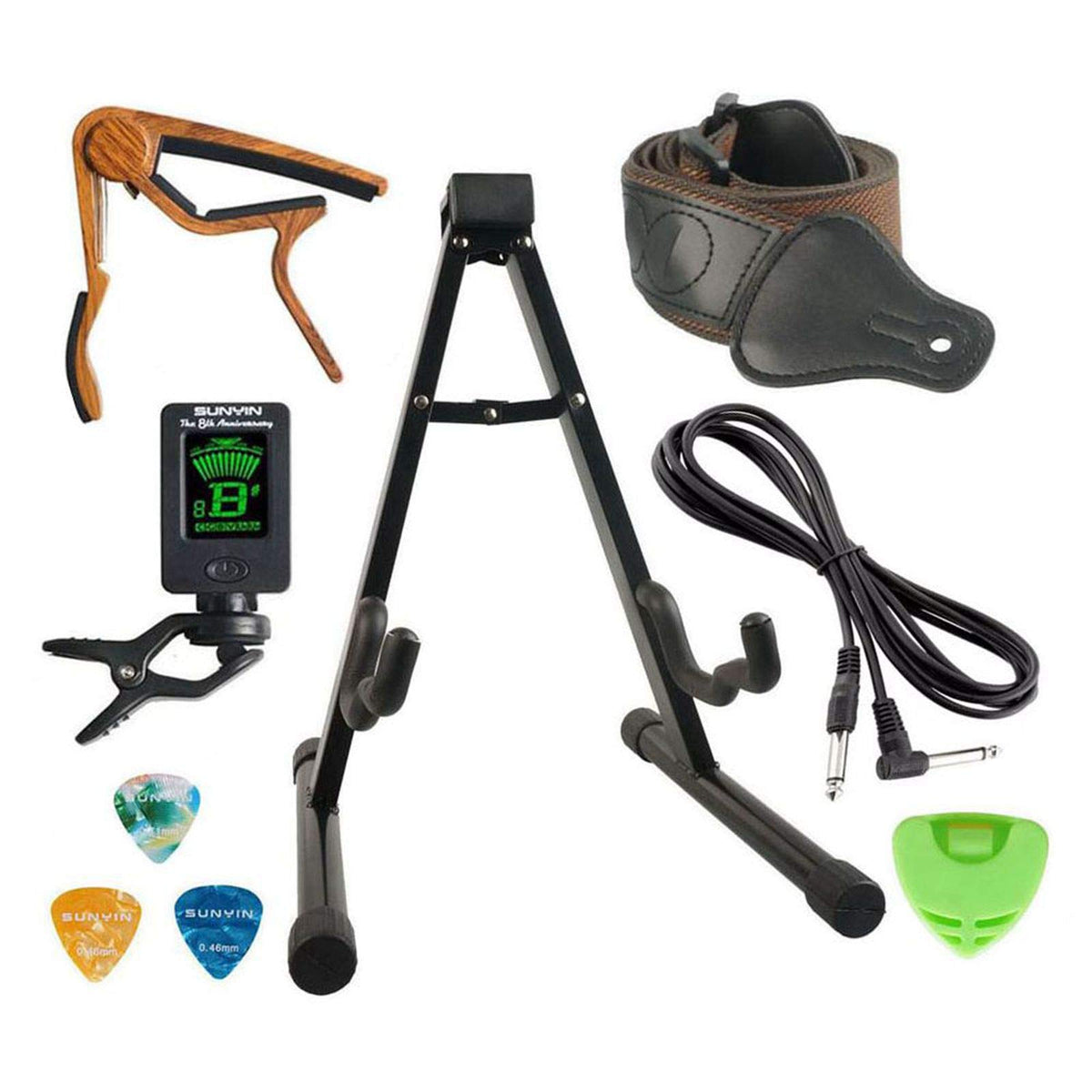 Sunyin Guitar Stand Accesssories Kit Begineer Guitar Accessories Set A-Frame Electric Acoustic Guitar Stand 10-Feet Guitar Cord