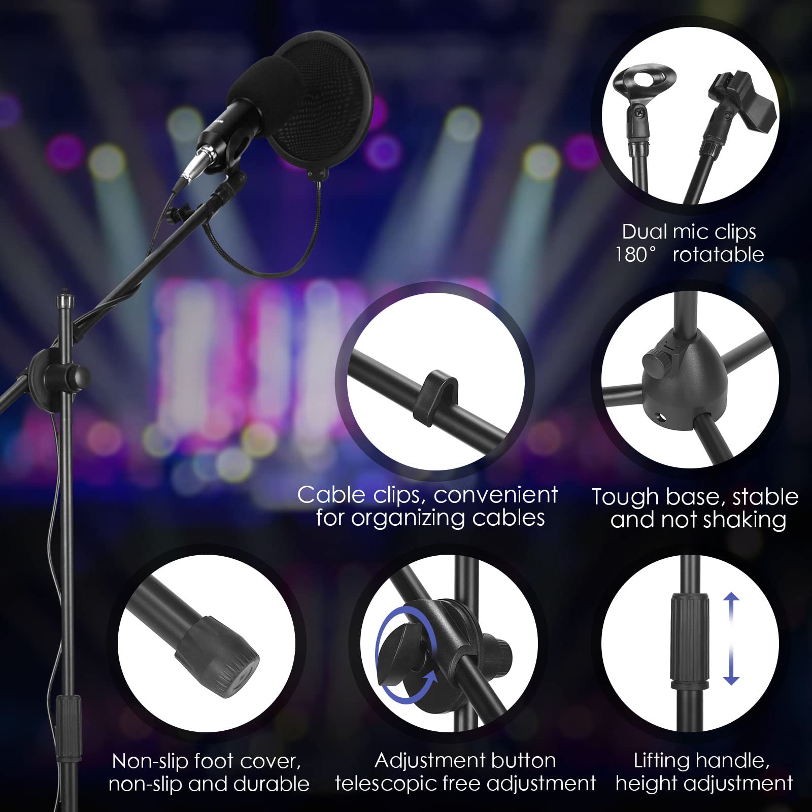 4 Pcs Tripod Microphone Stand Adjustable Boom Height Mic Stand with Mic Clip and Windscreen for Live Stream, Singing, Stage Perf