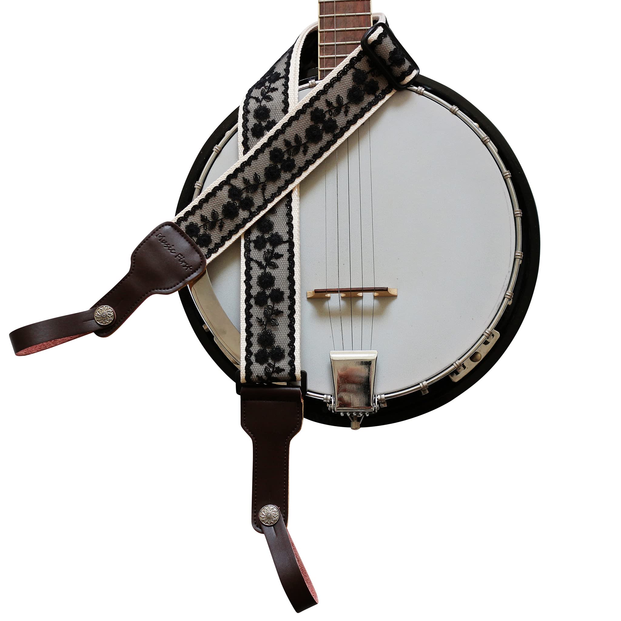 MUSIC FIRST Original Design, 2 inch width (5cm), Padded, Black Cool & VintageLace Soft Lace & Genuine Leather Delux Banjo Strap,