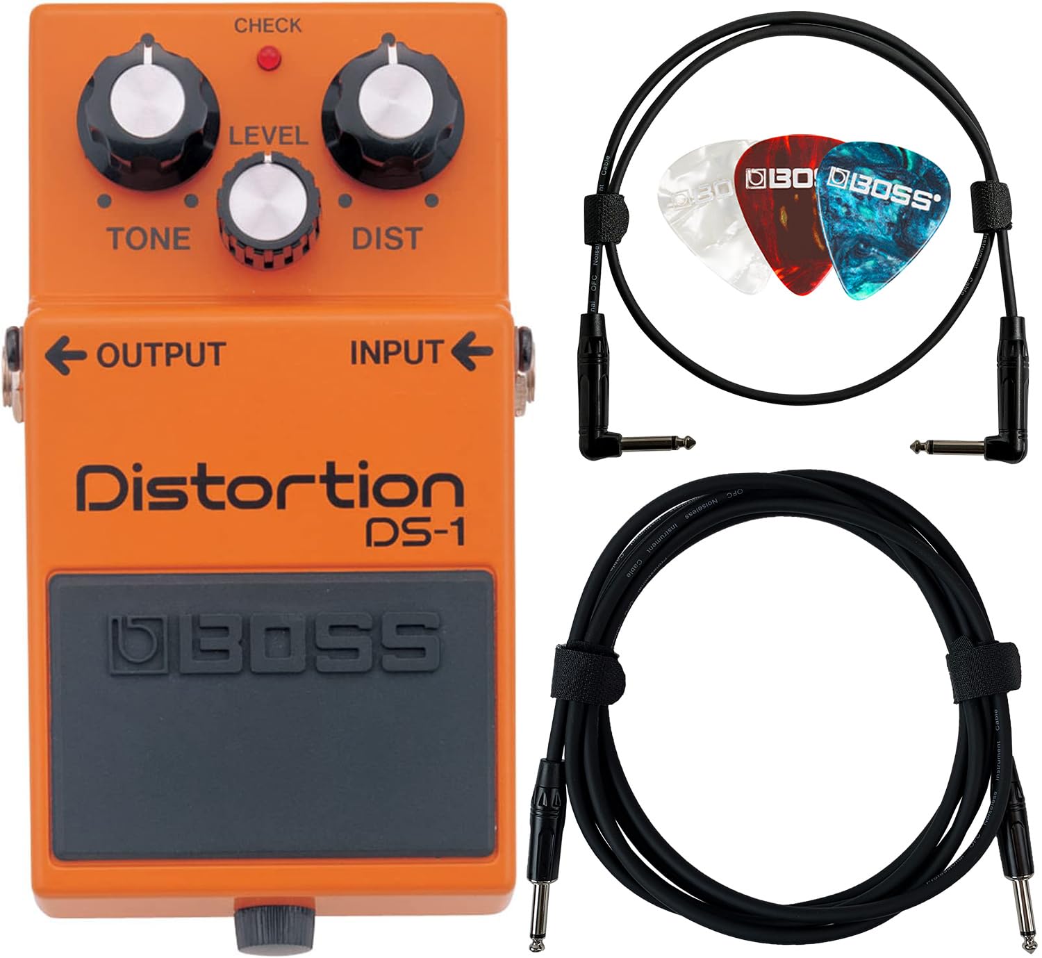 Boss Ds-1 Distortion Bundle With Instrument Cable, Patch Cable, Picks, And Austin Bazaar Polishing Cloth