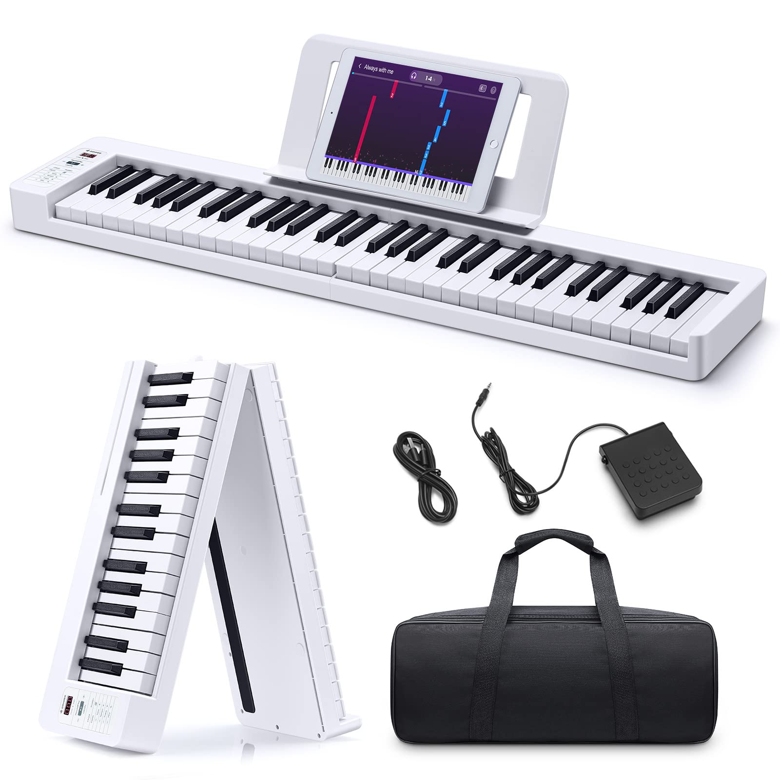 Donner 61-Key Folding Bluetooth Keyboard Piano for Beginners, Portable Piano Keyboard with Music Rest, Bag, Pedal, and App - Whi