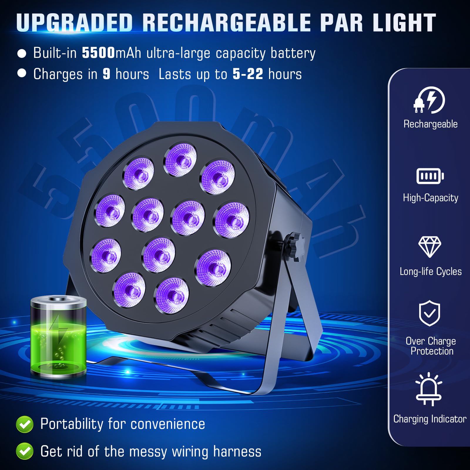 Rechargeable Par Lights Uplights RGBWA+UV 6-in-1 LED Battery Powered Stage Lights, HOLDLAMP DJ Lights Sound Activated with Remot