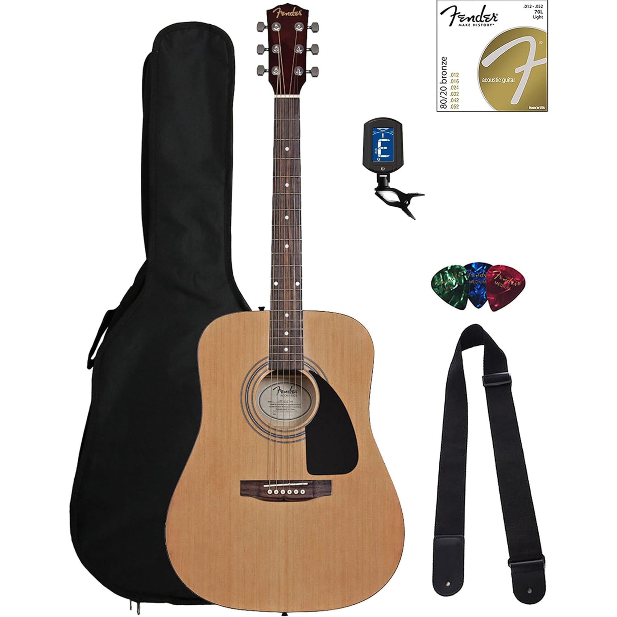Fender Dreadnought Acoustic Guitar - Natural Bundle With Gig Bag, Tuner, Strings, Strap, And Picks