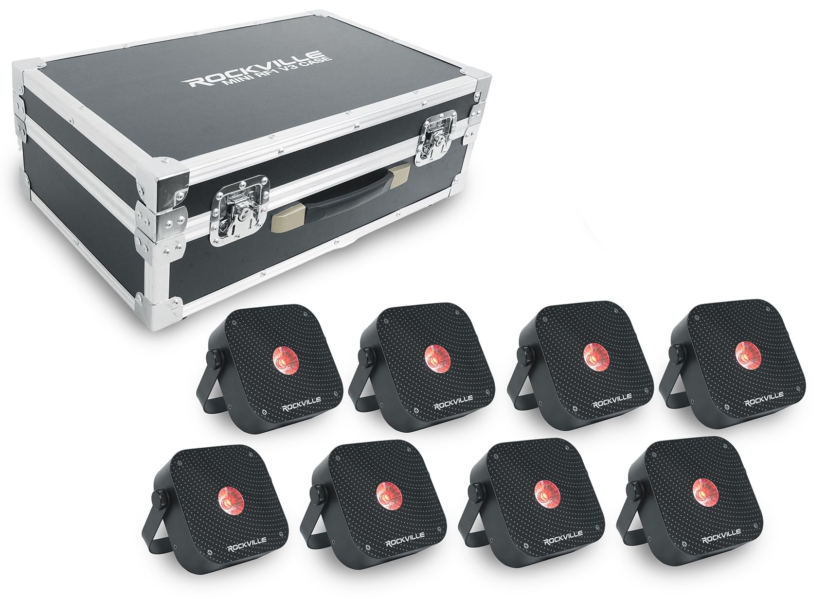 Rockville8 Pack MINI RF1 V3 Charge Package Black LED Par Wash Up Lights with Charging Case, RGBWA+UV, App, Wireless DMX, Recharg