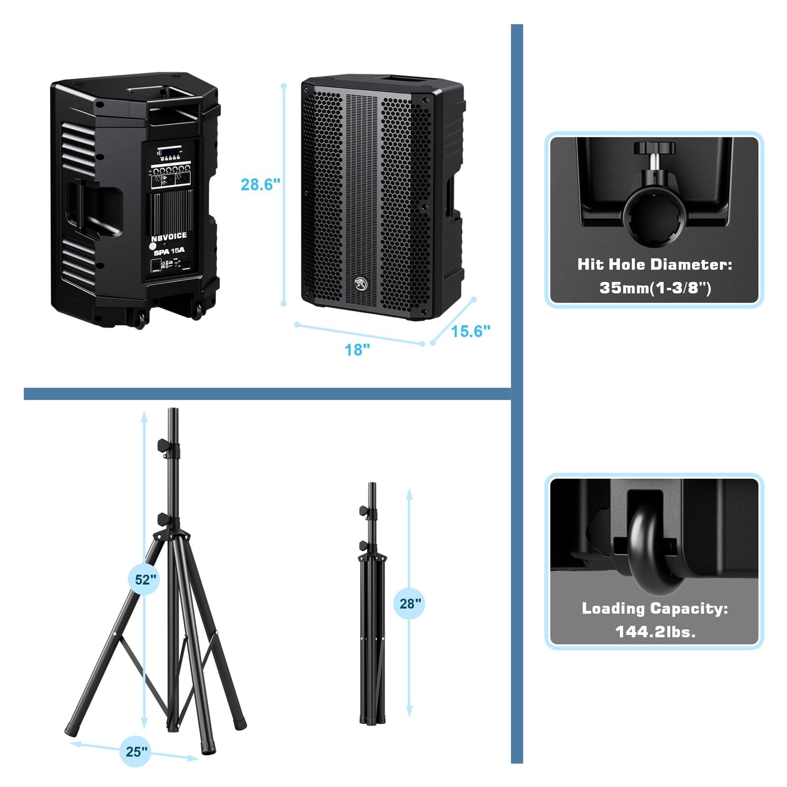 NBVOICE 15'' Active+Passive DJ/PA Speakers Package with Mic,2-Way Powered PA System Combo Set with Bluetooth/USB/FM Radio/2X Ste