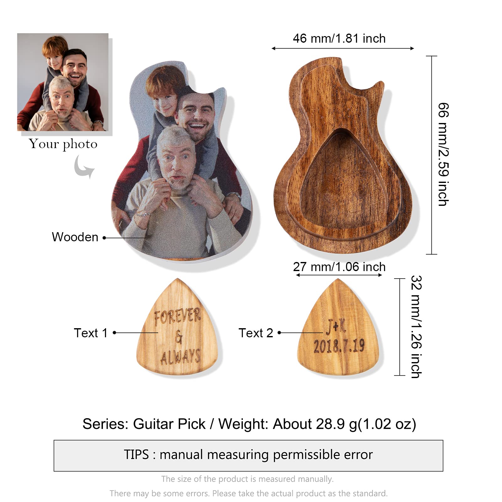 Albertband Personalized Guitar Wood Picks Box Guitar Pick Suit Wooden Guitar Picks Custom Any Message with 3 Pcs Wood Picks Coll