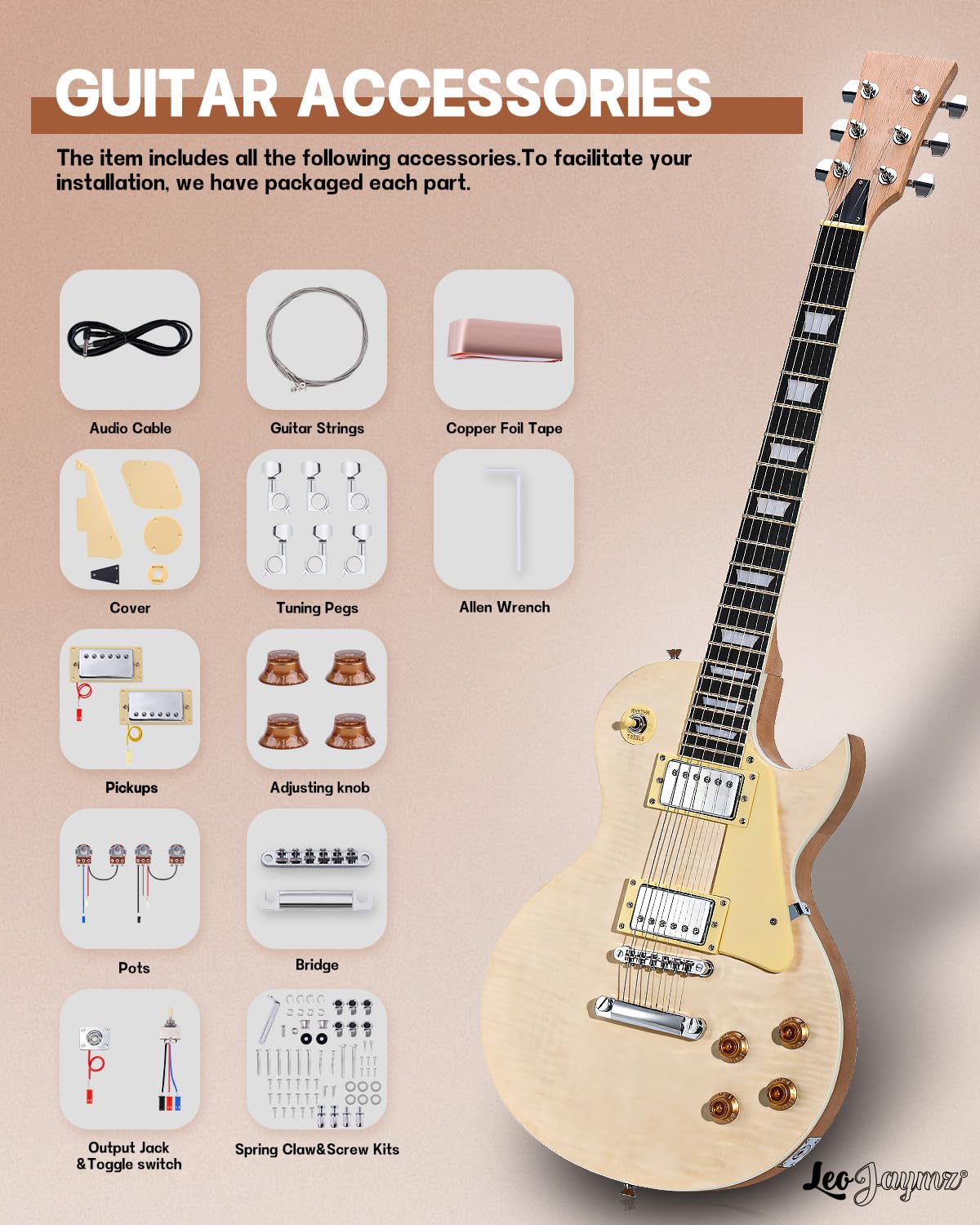 Leo Jaymz DIY Single Cut lp Electric Guitar Kits with Mahogany Body and Neck -Rosewood Fingerboard and All Components Included