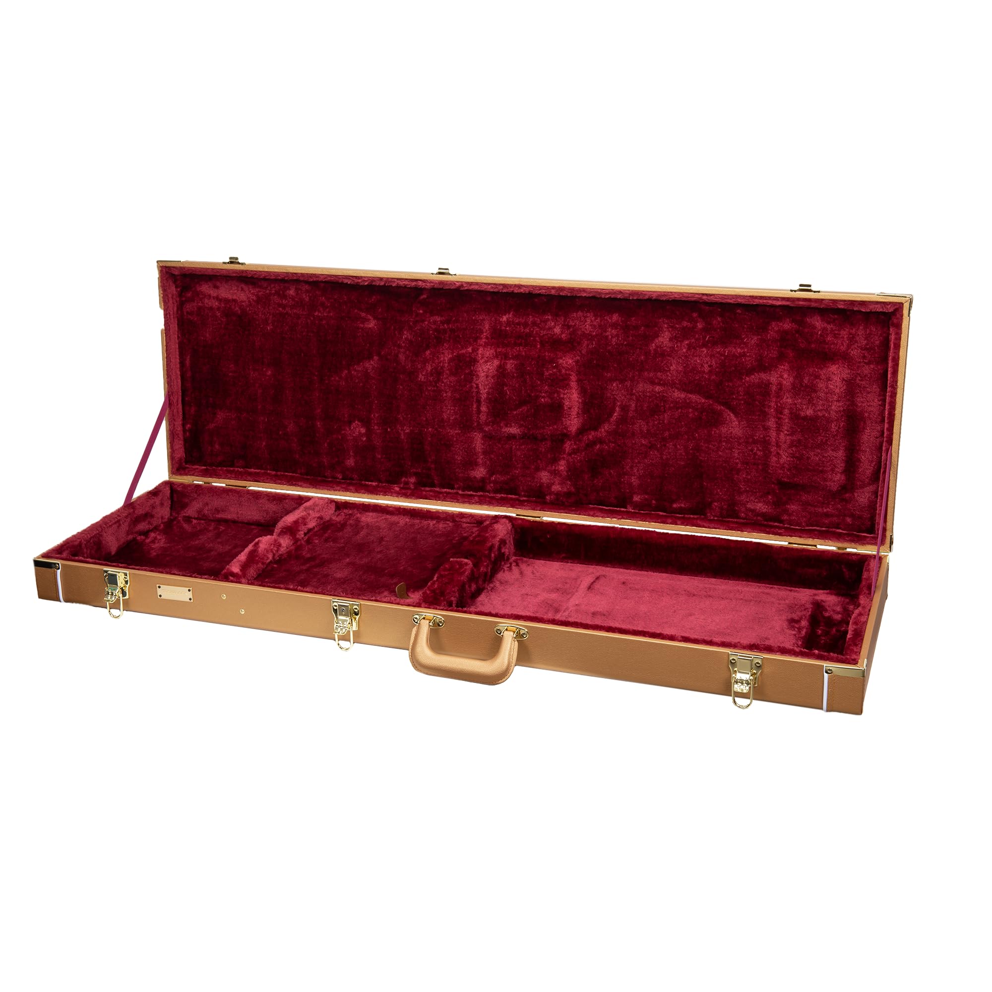 Crossrock Rectangular Wooden Electric Guitar Case for Fender Stratocaster & Telecaster | Luxury Gold Faux Leather, Burgundy Velv