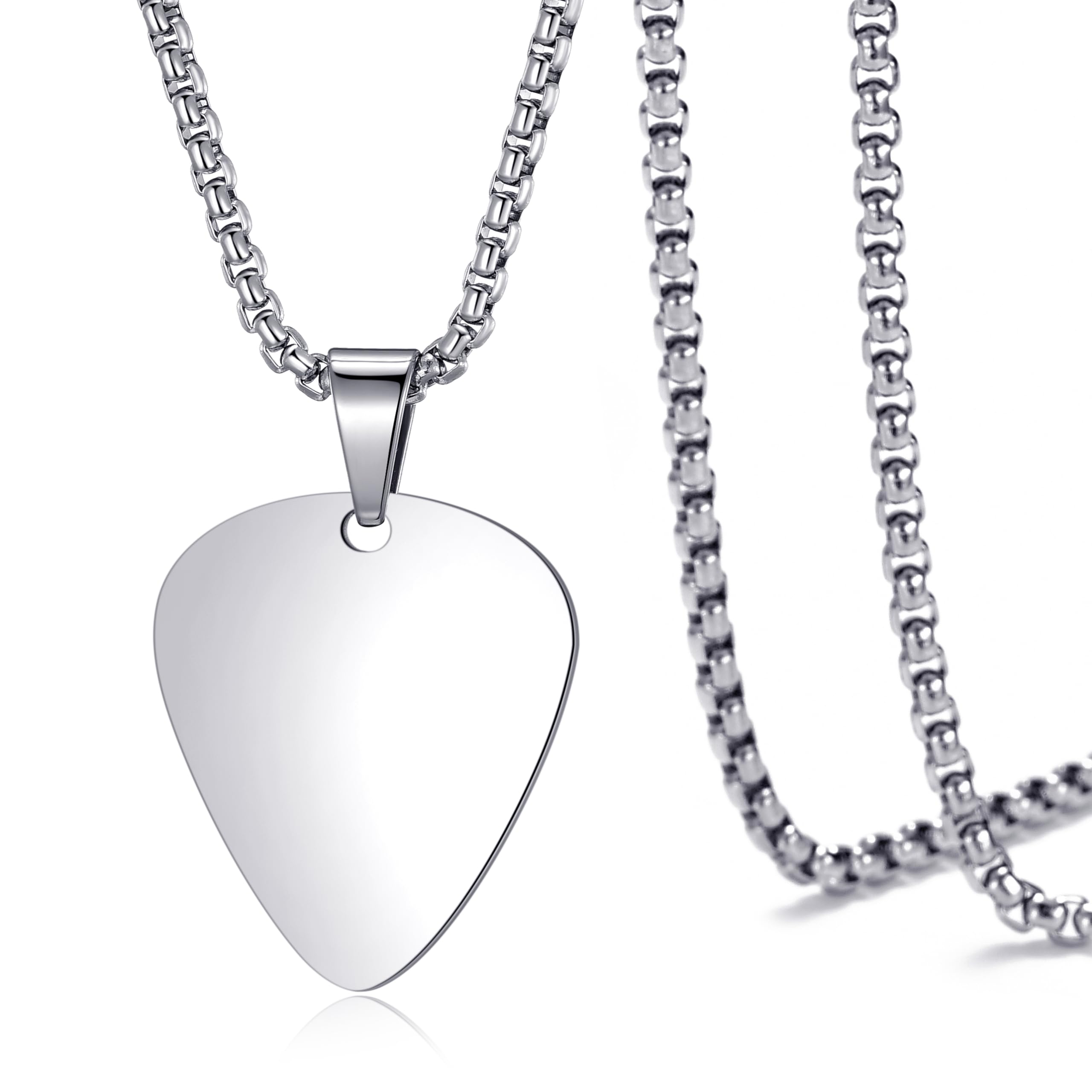 MOO&LEE Guitar Pick Necklace for Men Women Guitar Pendant 24 Inch Stainless Steel Chain, Silver