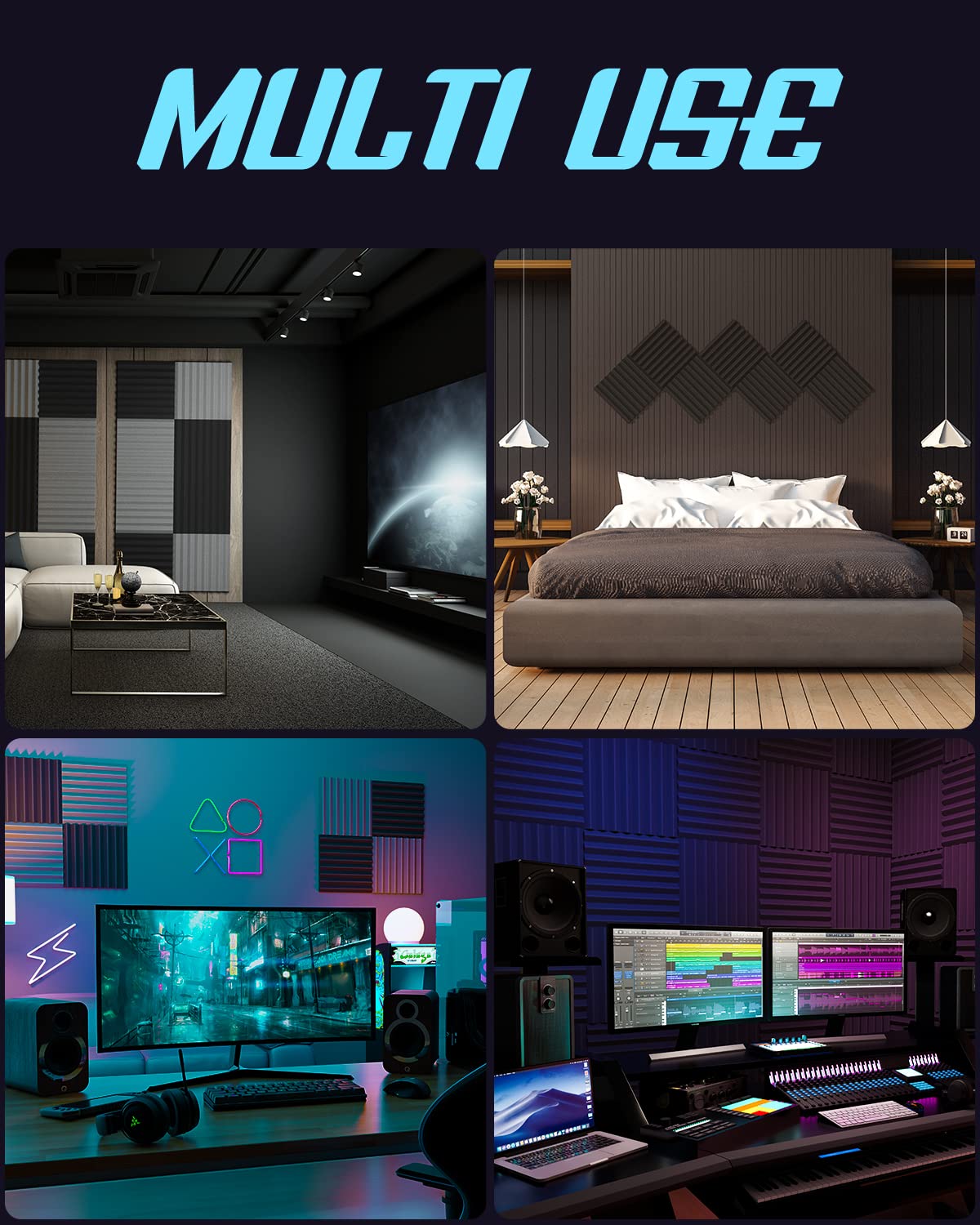 LEIYER Upgrade 52 pack Sound Proof Foam Panels With Self-Adhesive, 1'' X 12'' X 12'' Quick-Recovery Acoustic Panels, Acoustic Fo