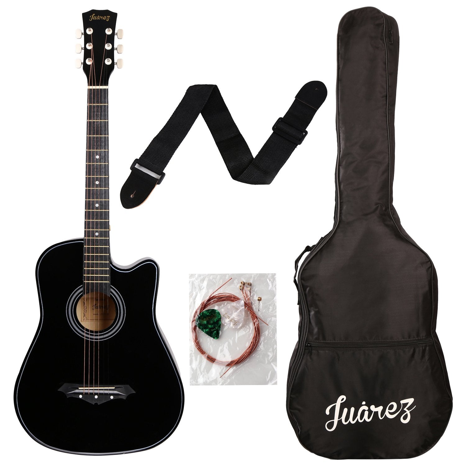 Jurez Acoustic Guitar Kit, 38 Inch Cutaway, 038C with Bag, Strings, Pick and Strap, Black
