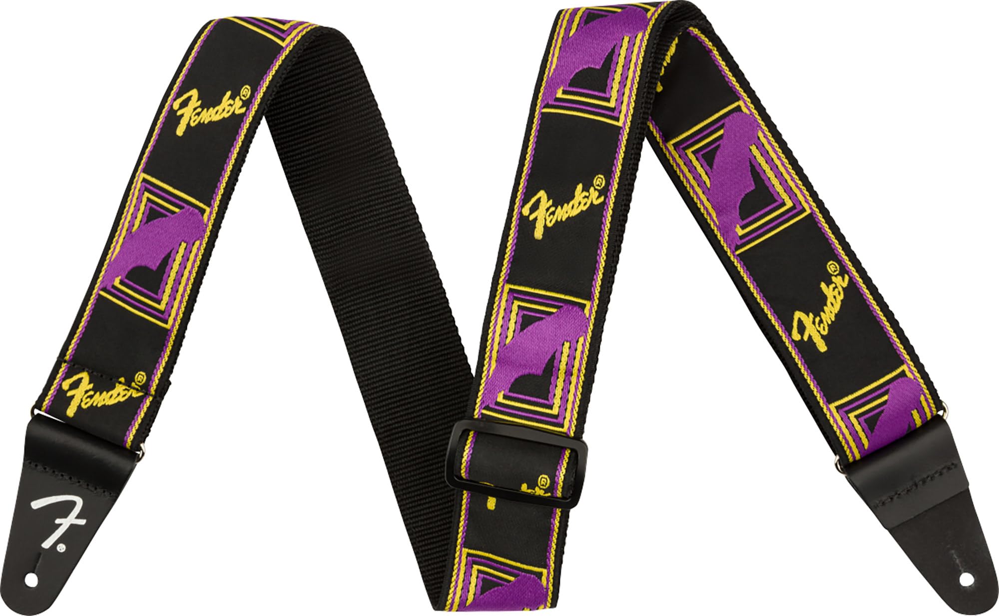 Fender Neon Monogrammed 2-Inch Guitar Strap - Purple and Yellow Bundle with Strap Blocks and Picks