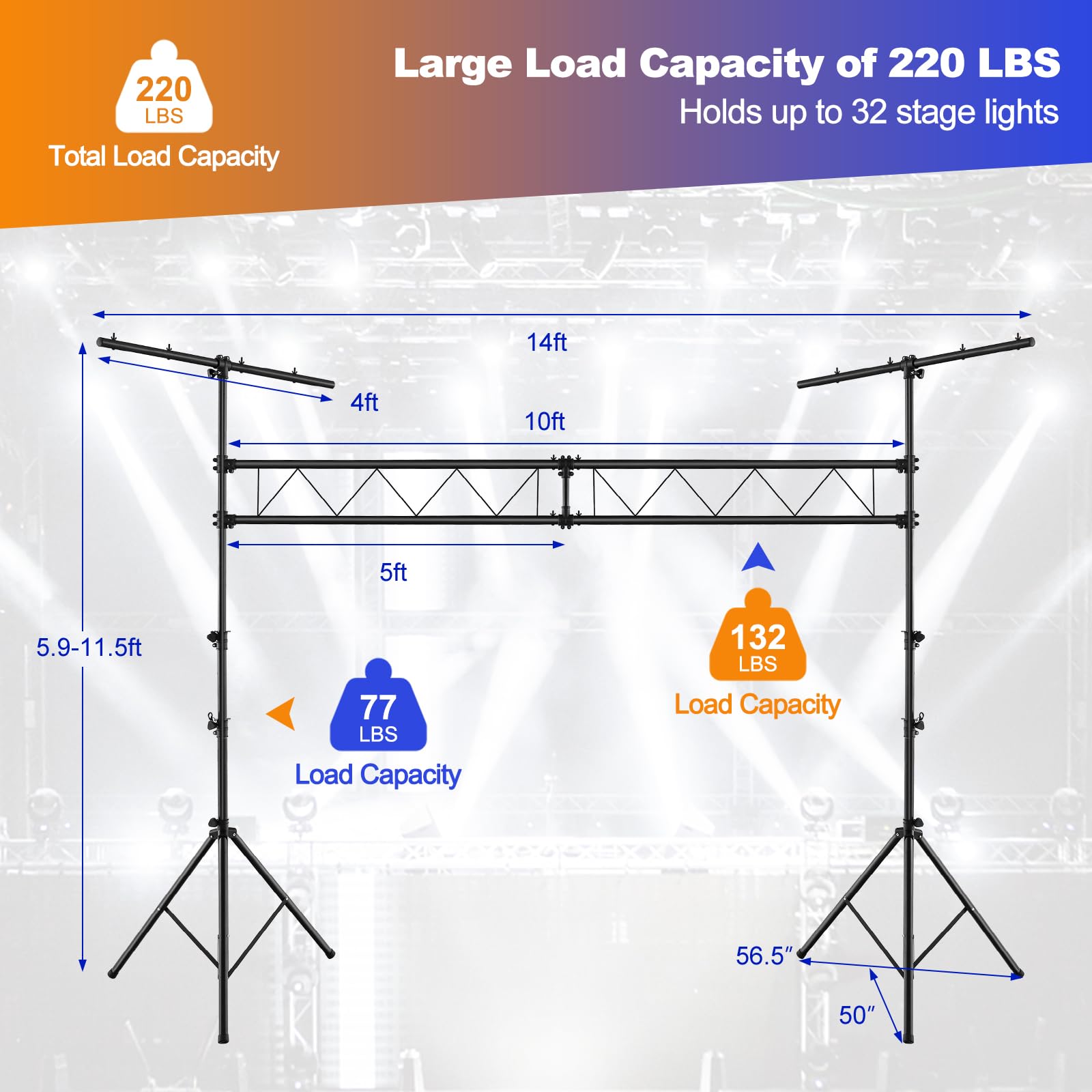 S AFSTAR DJ Light Stand, 14 FT Heavy Duty Metal Lighting Truss System W/Adjustable T Bars, 32 Mounting Points & Triangle Foot, P