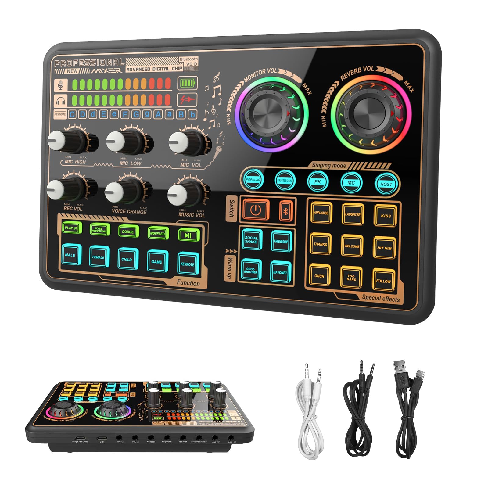 Hosabely Sound Effects Board, Audio Interface with Voice Changer and LED Lights, Live Sound Board for PC Phone Microphone, Audio