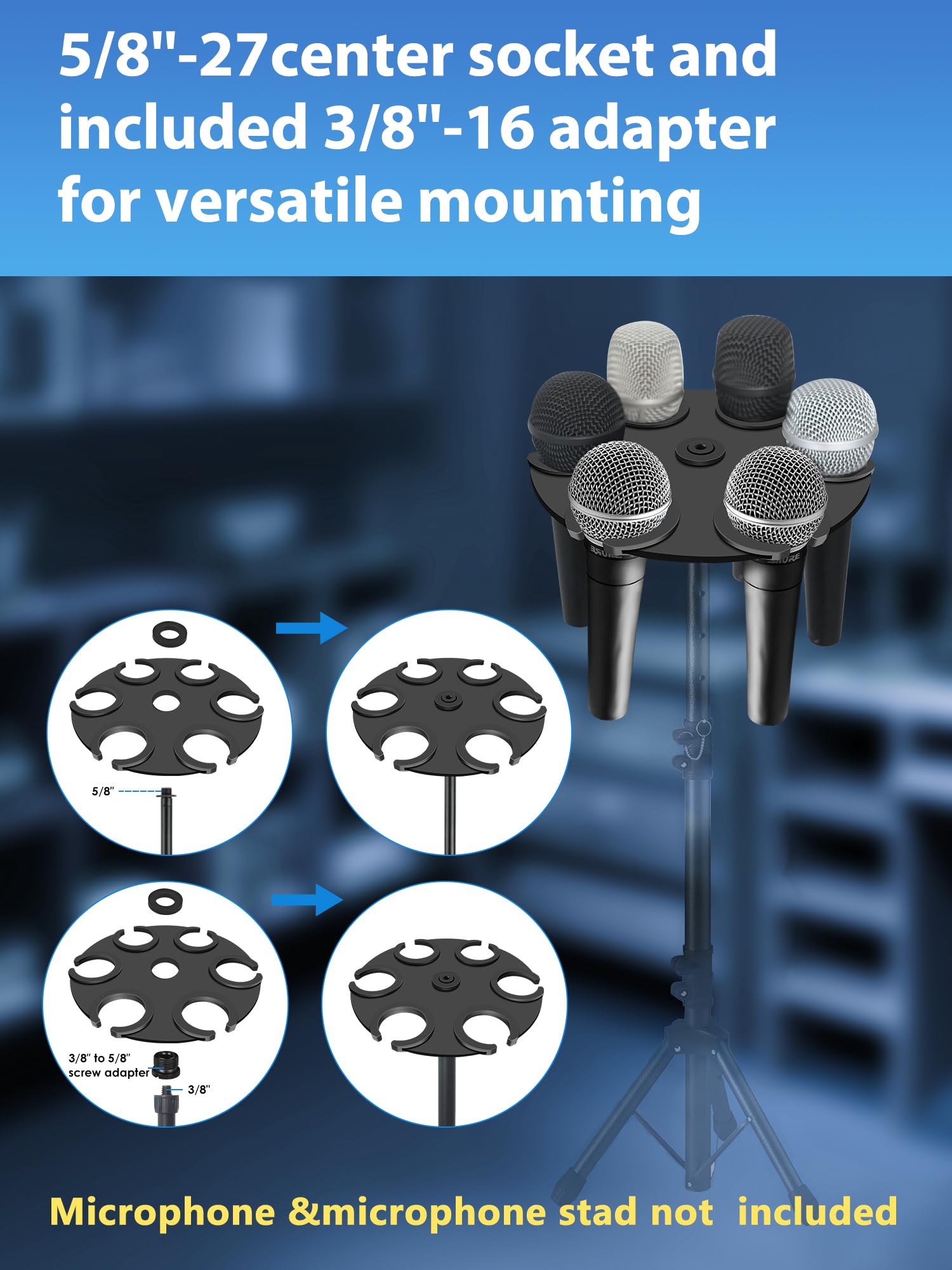 Multi Microphone Holder Up to 6 Mic (Aluminum/Rubber padding) for Handheld Dynamic, Wired and Wireless Mics, Multiple Mic Organi