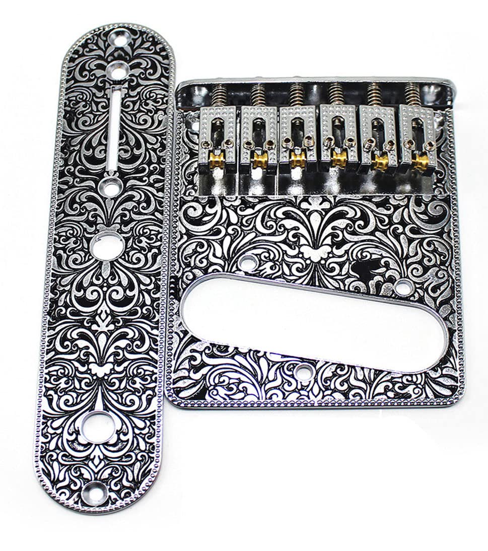 TUOREN Set of Carved Pattern 6 String Roller Saddle Bridge Plate 3 Way Switch Control Plate Compatible with Tele Telecaster Styl