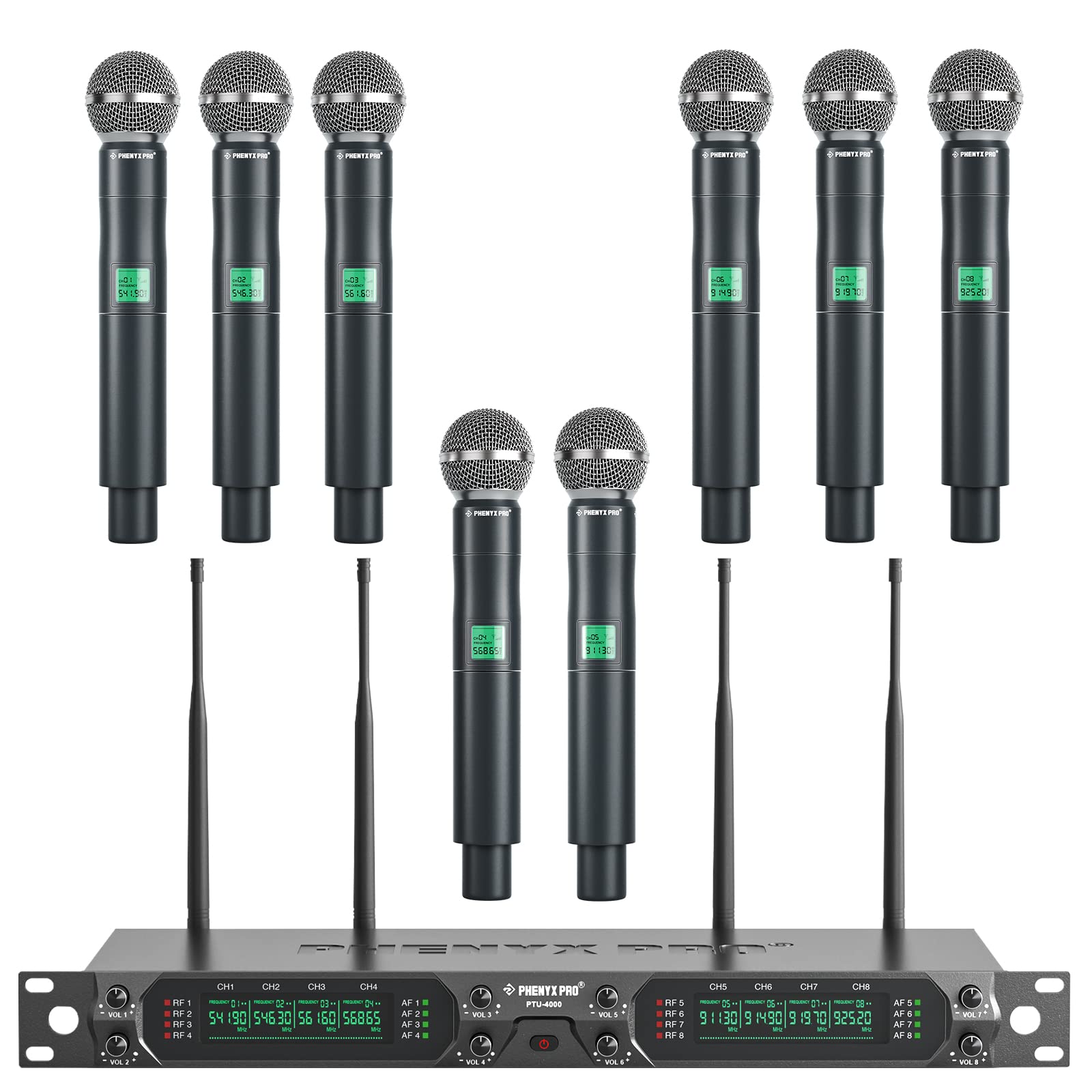 Phenyx Pro Wireless Microphone System, 8-Channel Uhf Cordless Mic With Metal Handheld Wireless Mics, Fixed Frequency Dynamic Mic