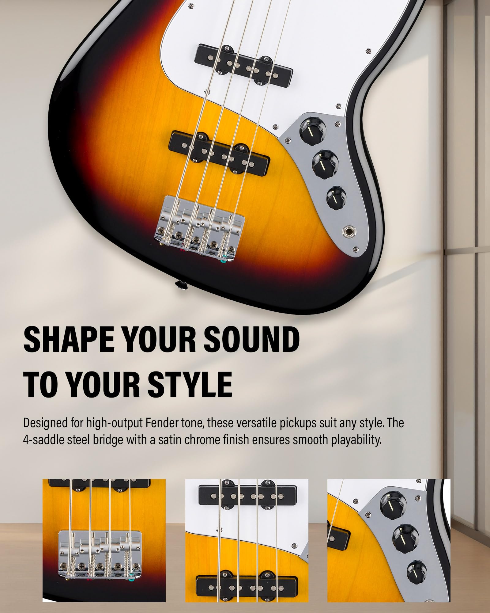 Fender Standard Jazz Bass - 3-Color Sunburst Bundle with Strap, Guitar Cleaning Kit and Austin Bazaar Instructional Video