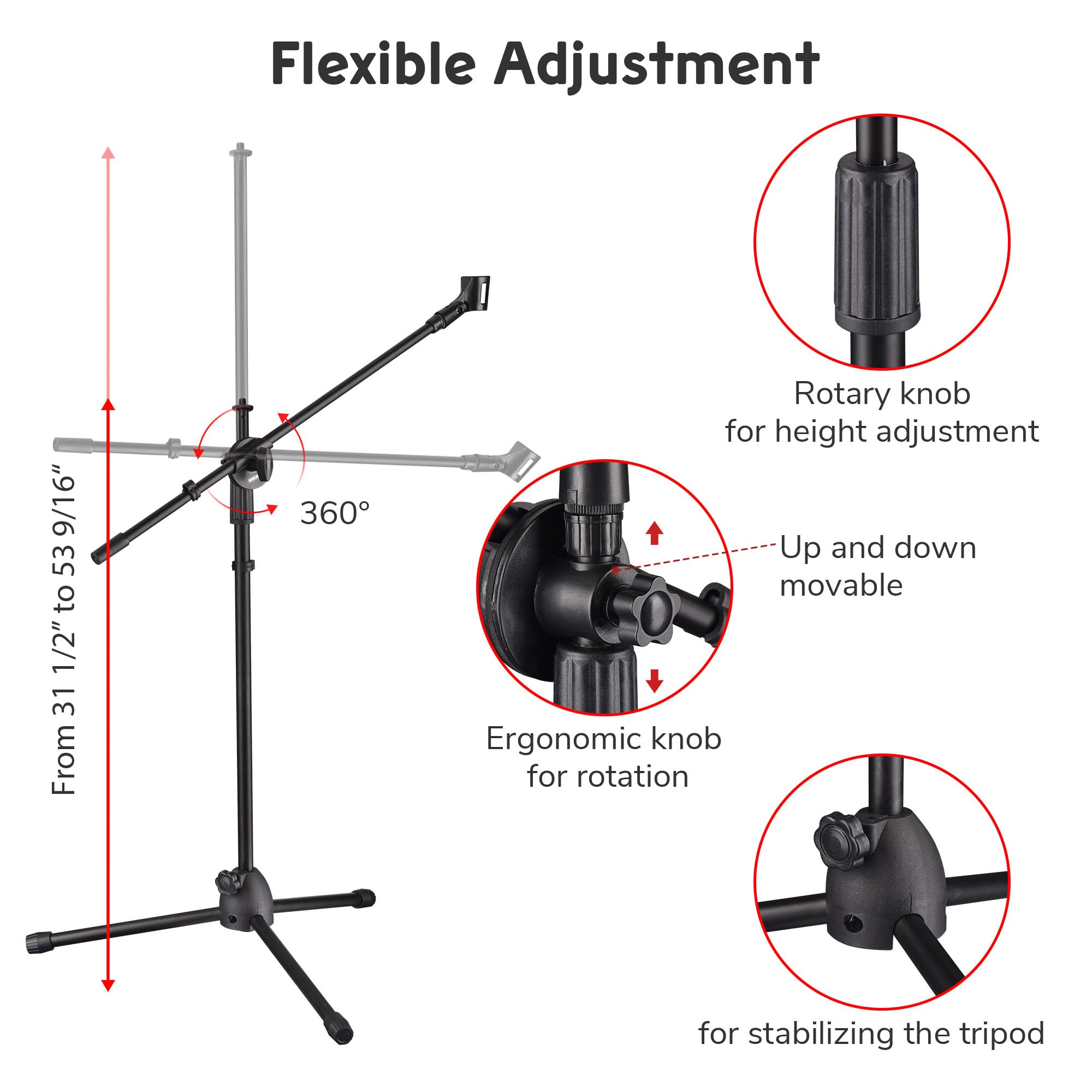 AW 2pcs Boom Mic Stand Floor Adjustable Height Mic Tripod Stand Dual Mic Clip Standing Boom Arm Mic Holder for Singing Live Stre