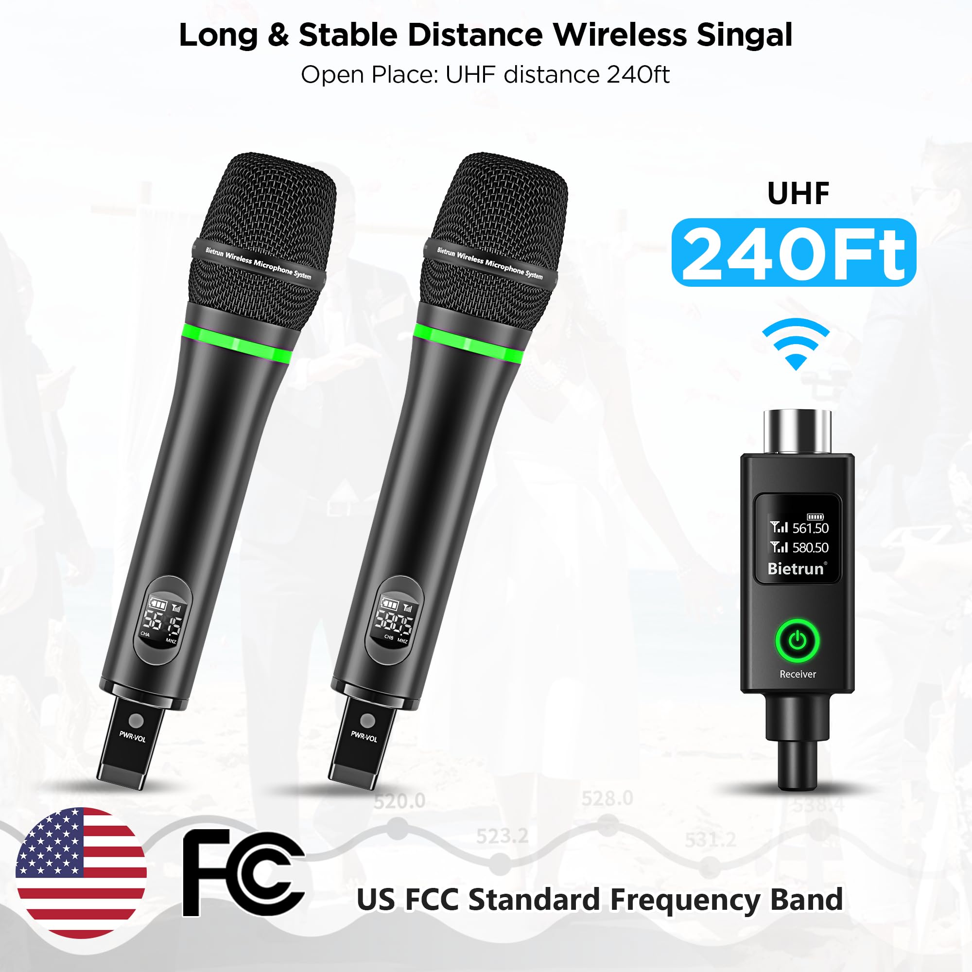 Bietrun XLR Wireless Microphone, Rechargeable Dual Metal Cordless Handheld Dynamic Mics for Mixer, Audio Interface, PA Amplifier