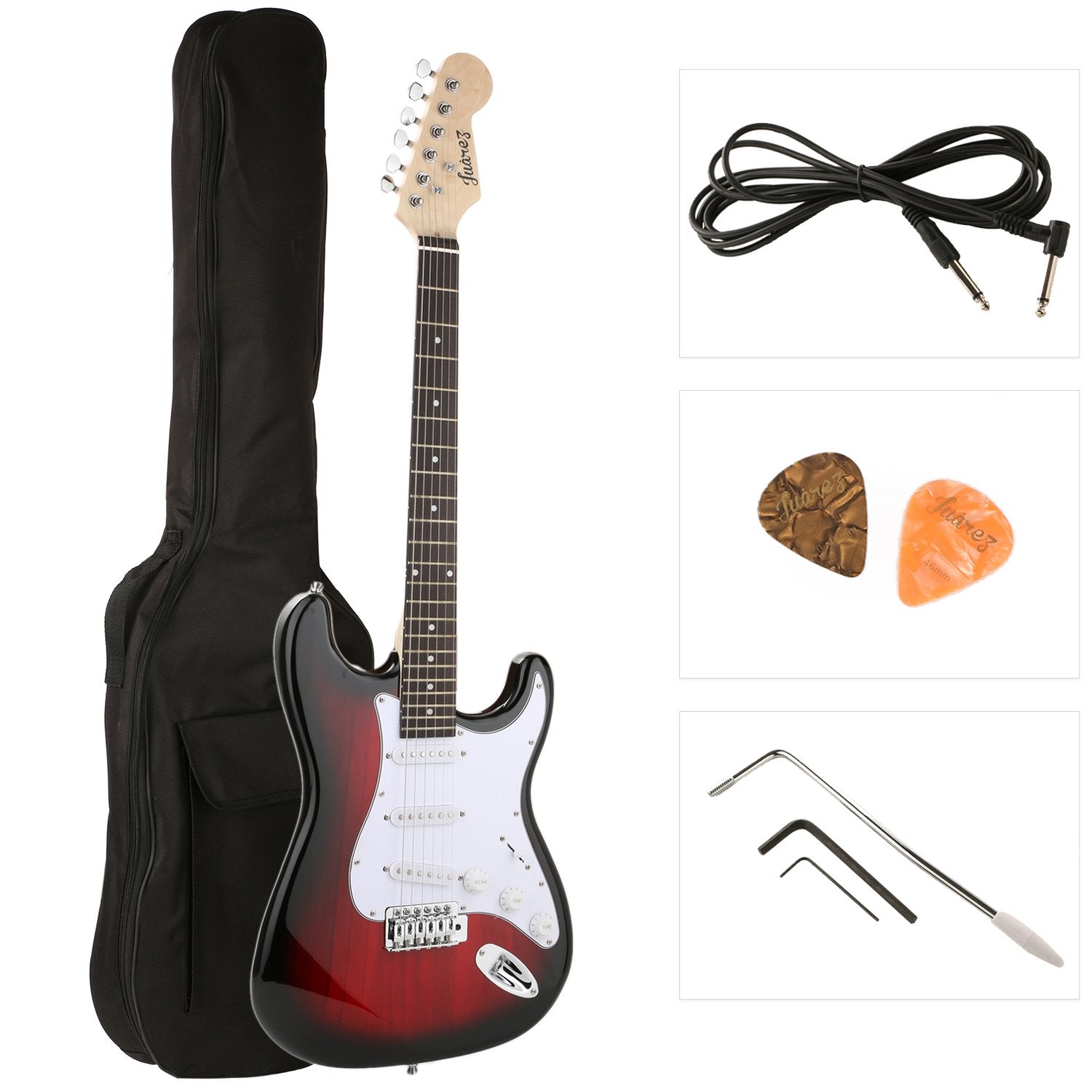 Juarez Jrz-St38-Rds Electric Guitar Kit, Right Handed Rds With Case/Bag And Picks (Red Sunburst)