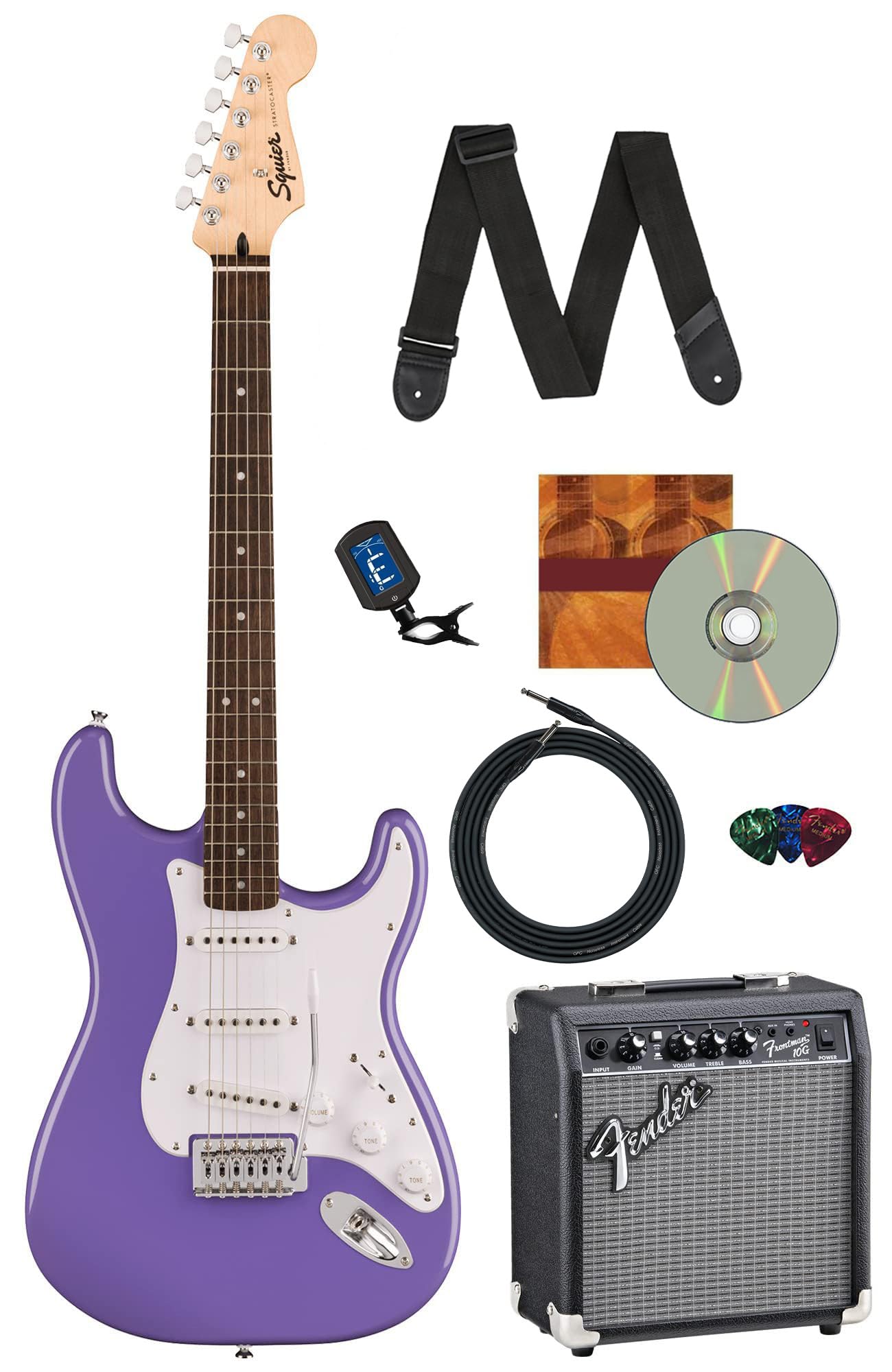 Fender Squier Sonic Stratocaster - Ultraviolet Bundle With Amp, Tuner, Strap, Cable, Picks, And Austin Bazaar Guitar Dvd